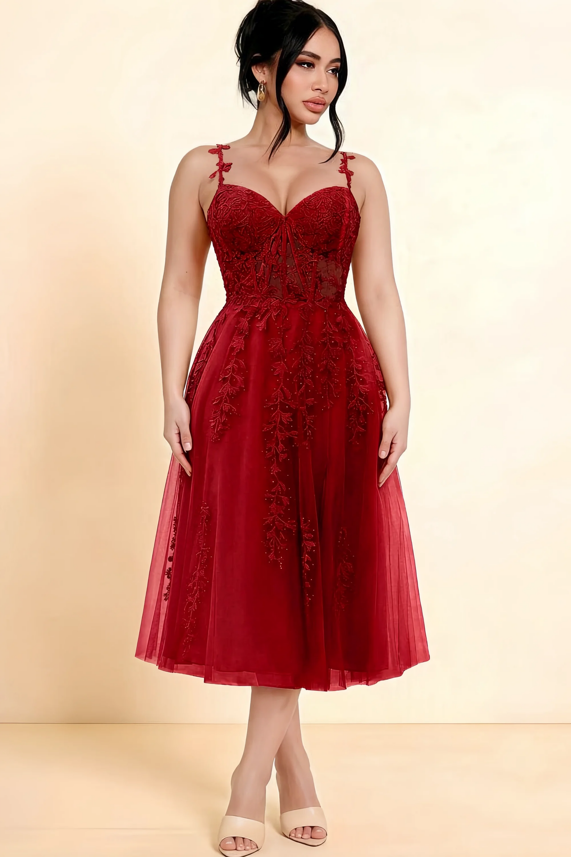 Adeline Red Lace Corset Fit and Flare Midi Dress