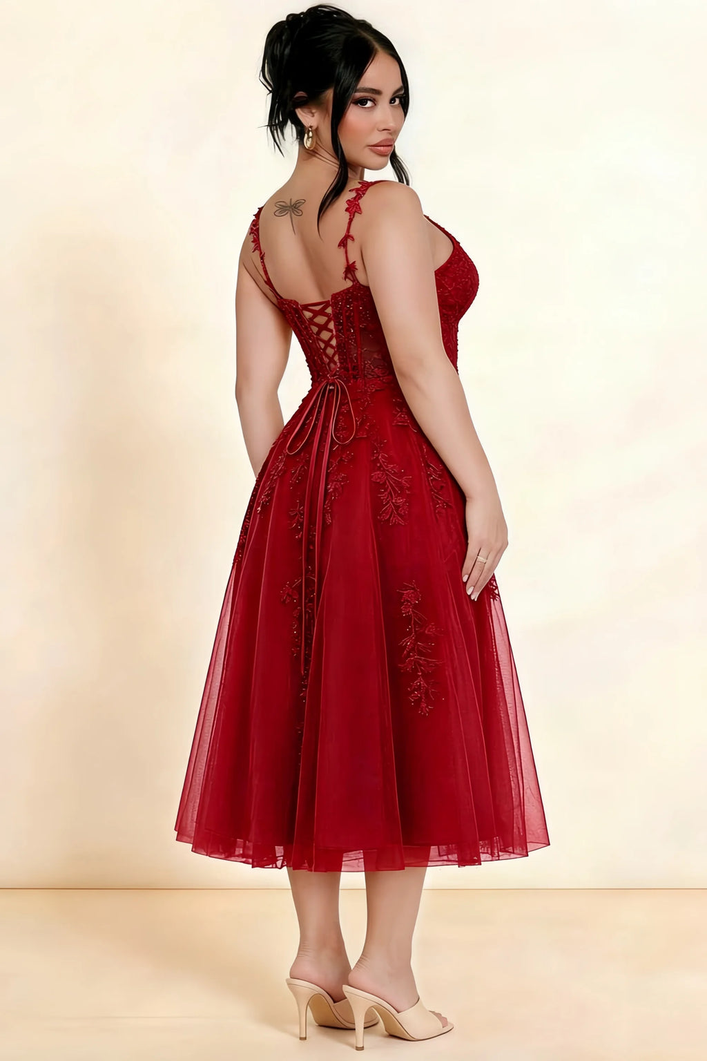 Adeline Red Lace Corset Fit and Flare Midi Dress