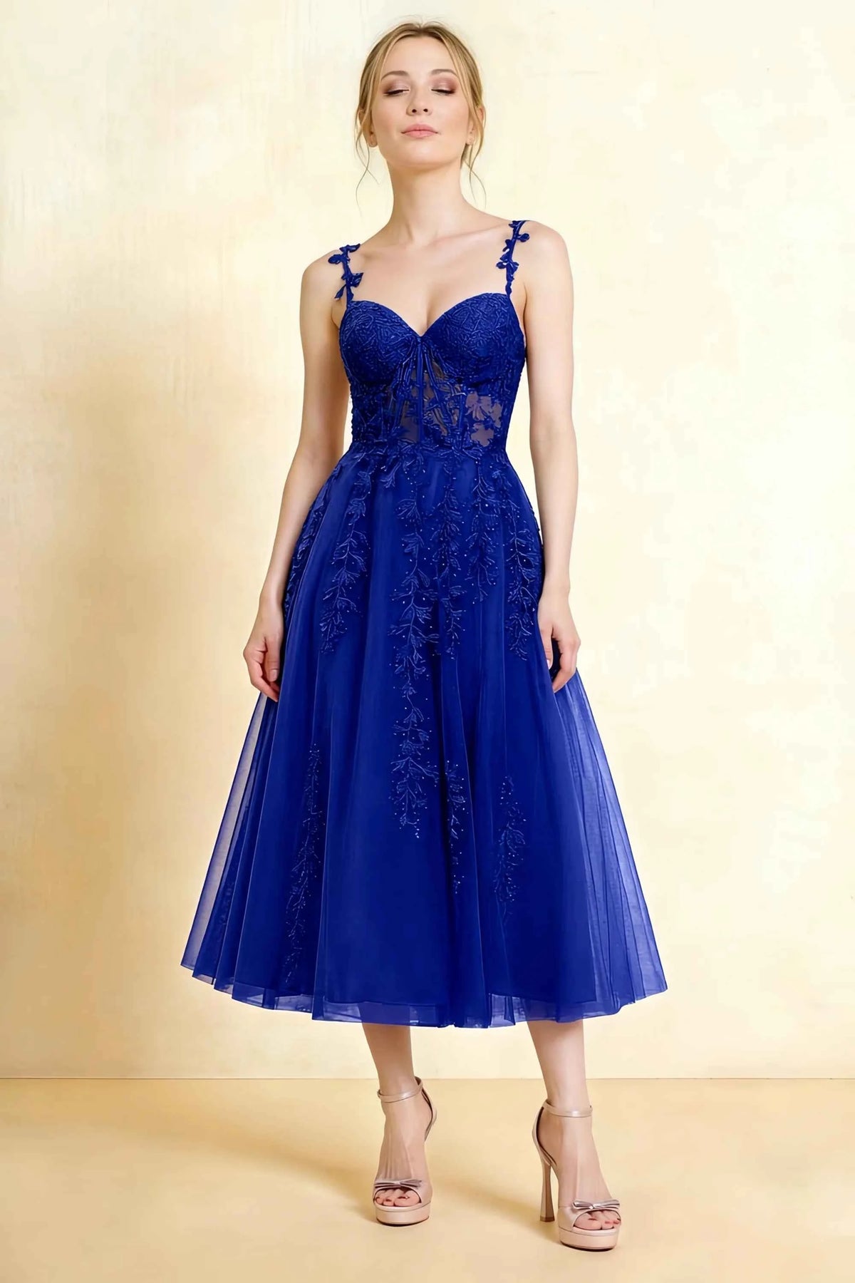 Adeline Royal Blue Lace Corset Fit and Flare Midi Dress Main image