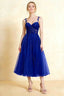 Front view of the LVLVS Adeline royal blue midi dress, showing the sweetheart neckline, floral lace straps and flared layered skirt.