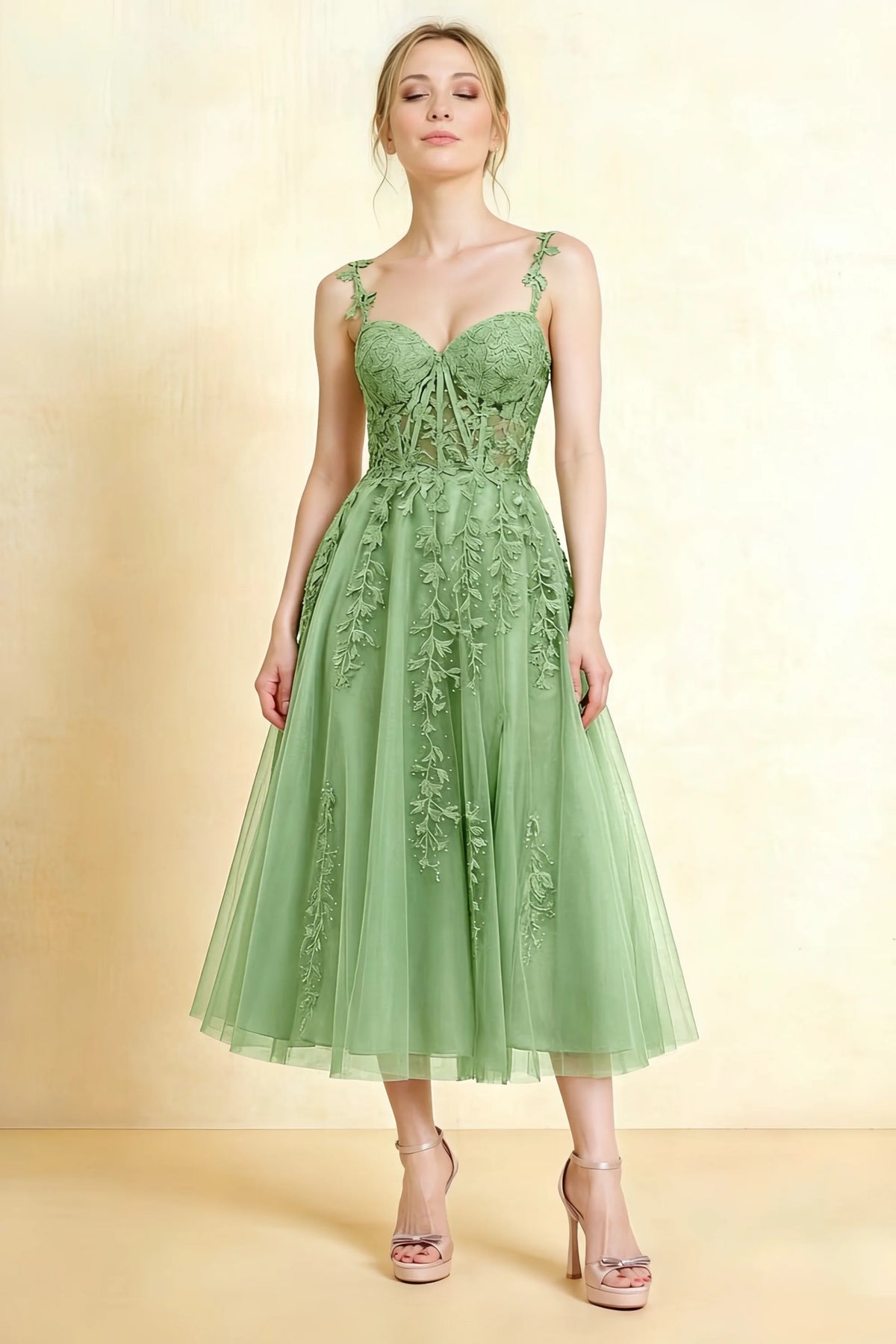 Adeline Sage Green Lace Corset Fit and Flare Midi Dress Main image