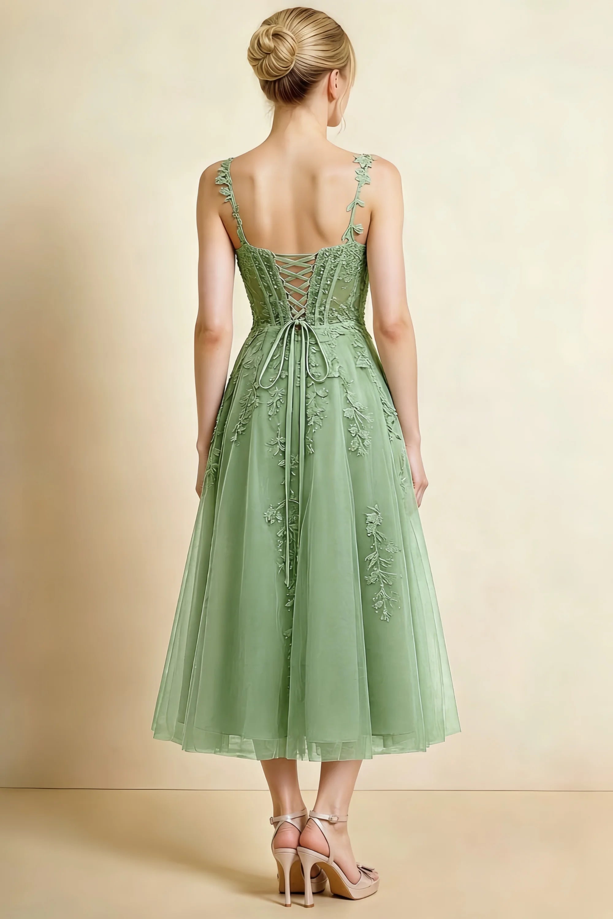 Adeline Sage Green Lace Corset Fit and Flare Midi Dress Secondary image
