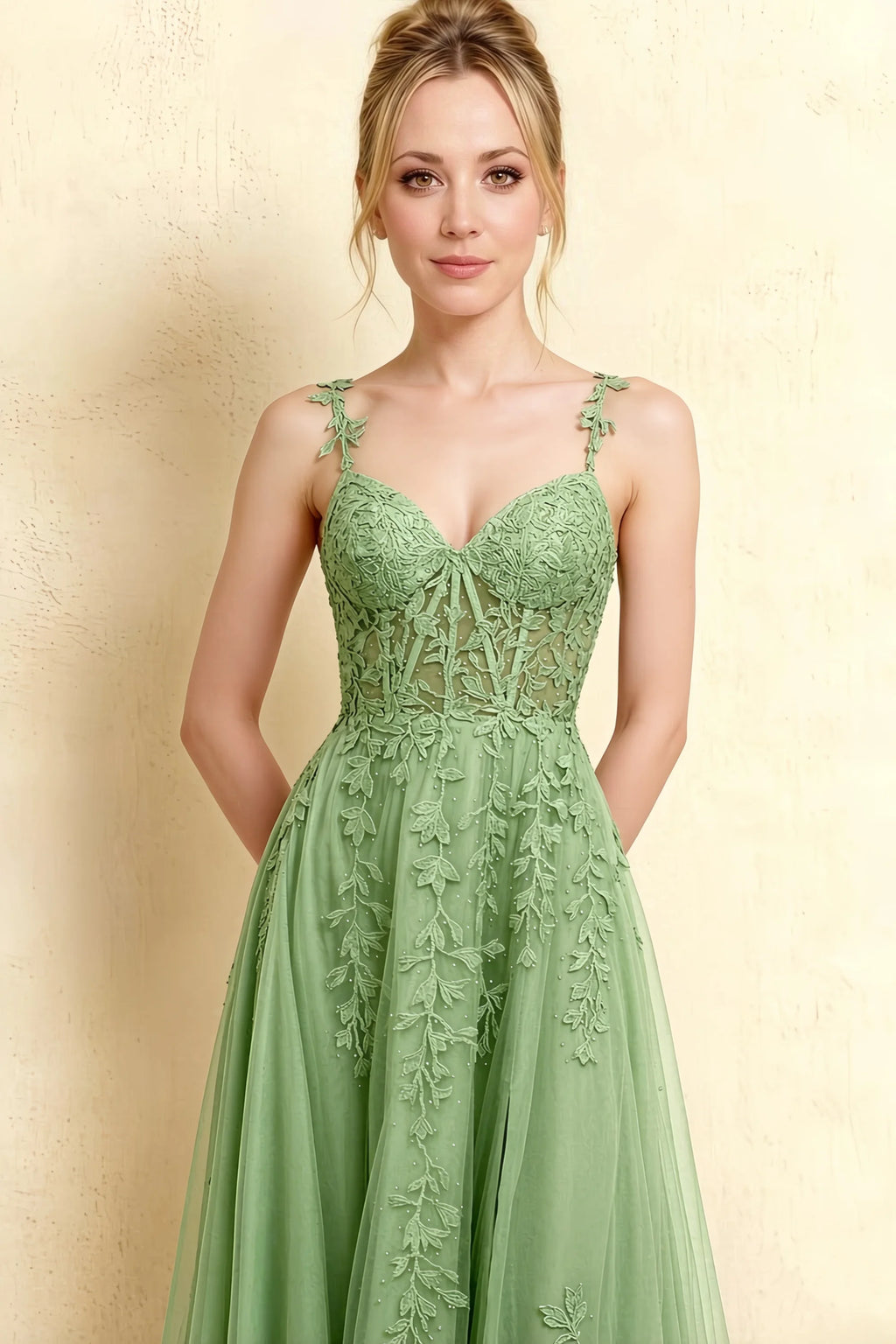 Close-up of the LVLVS Adeline sage green midi dress, showing the sweetheart neckline, floral lace straps and patterned corset bodice.