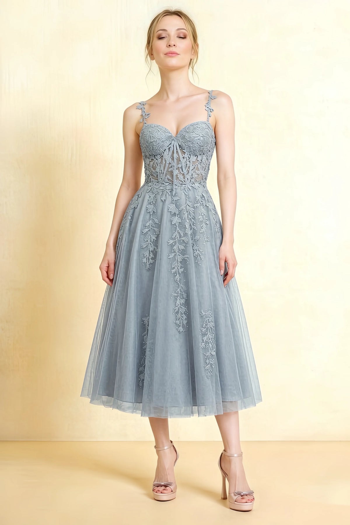 Adeline Silver Lace Corset Fit and Flare Midi Dress Main image