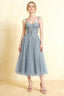 Front view of the LVLVS Adeline silver midi dress, showing the sweetheart neckline, floral lace straps and flared layered skirt.