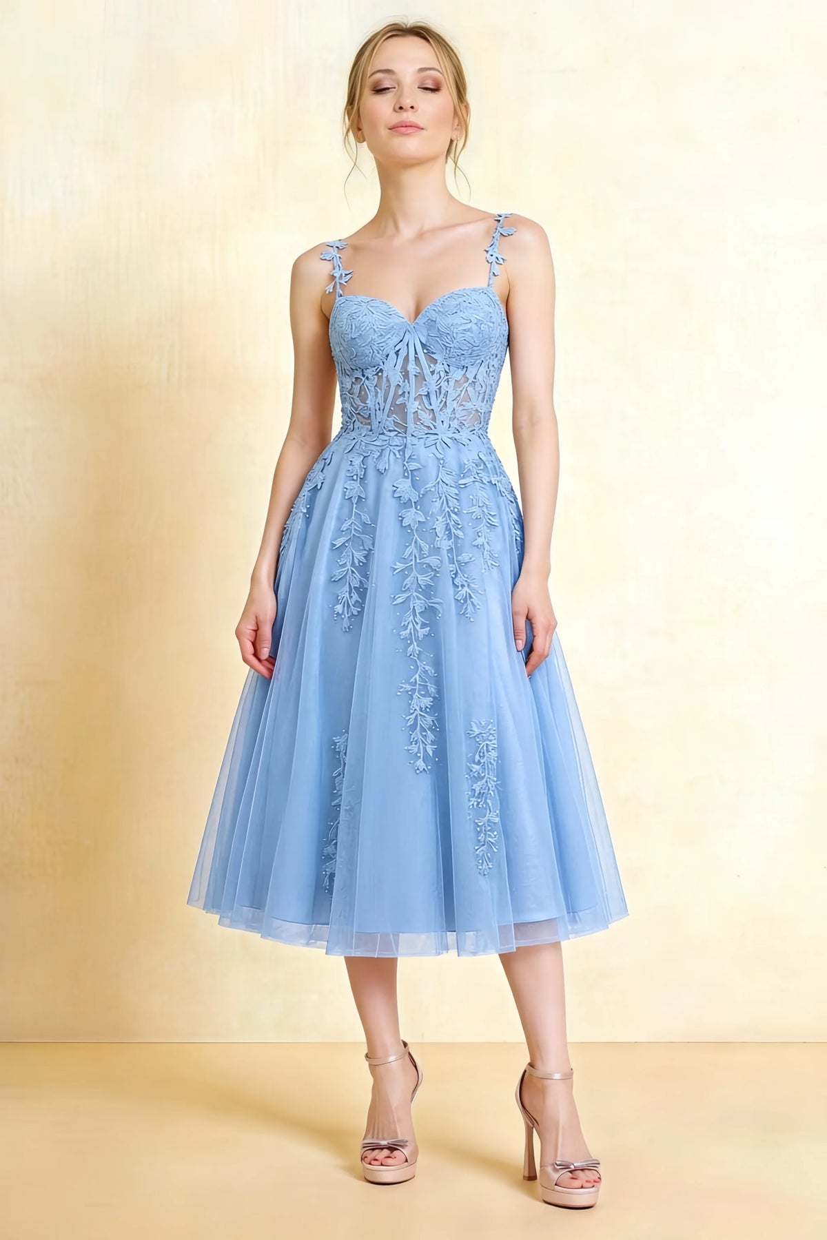 Adeline Sky Blue Lace Corset Fit and Flare Midi Dress Main image