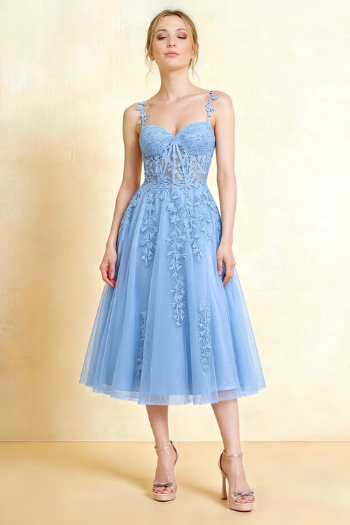 Adeline Sky Blue Lace Corset Fit and Flare Midi Dress