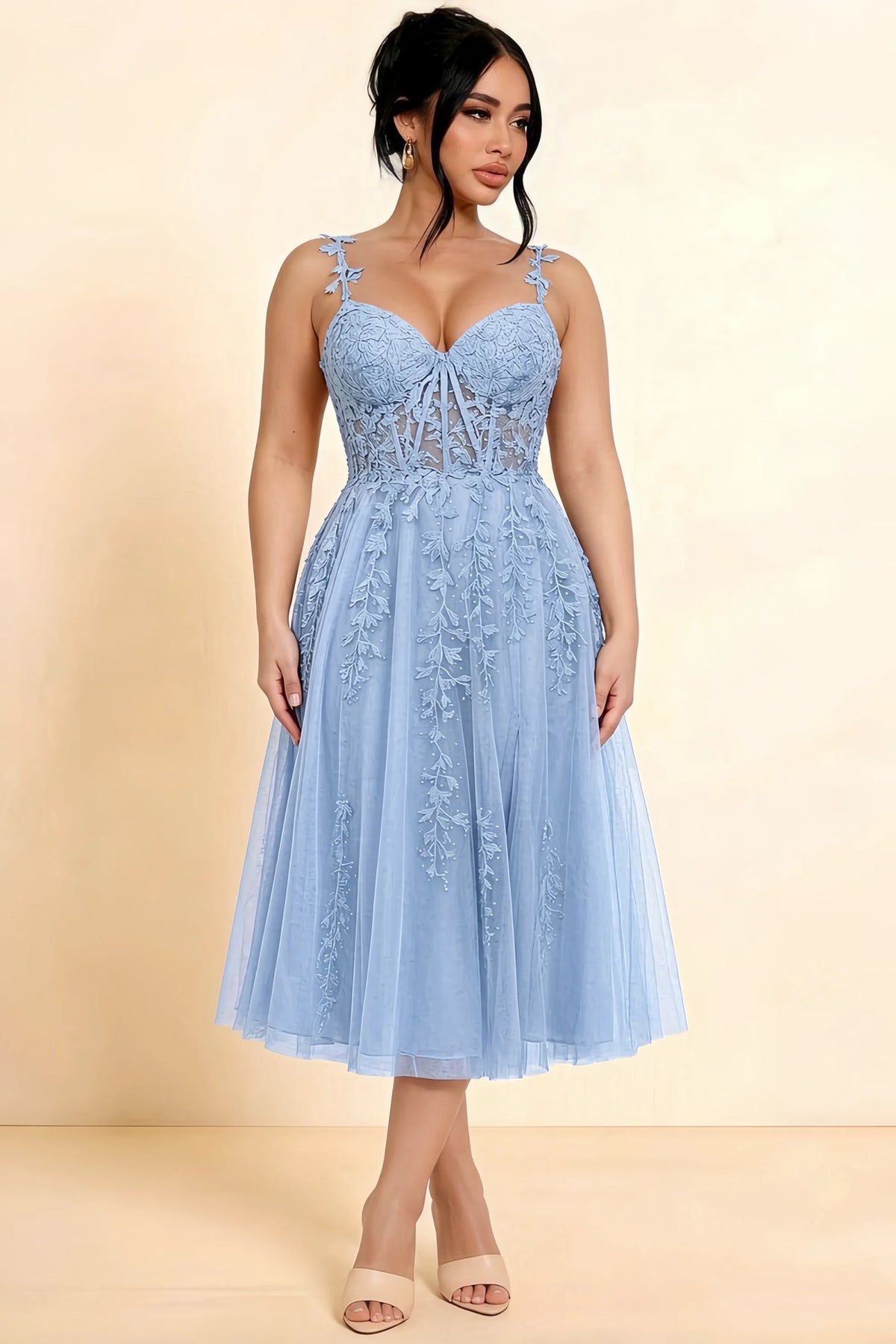 Full-length view of a model wearing the LVLVS Adeline sky blue midi dress, showing the fitted lace bodice and flared calf-length skirt.