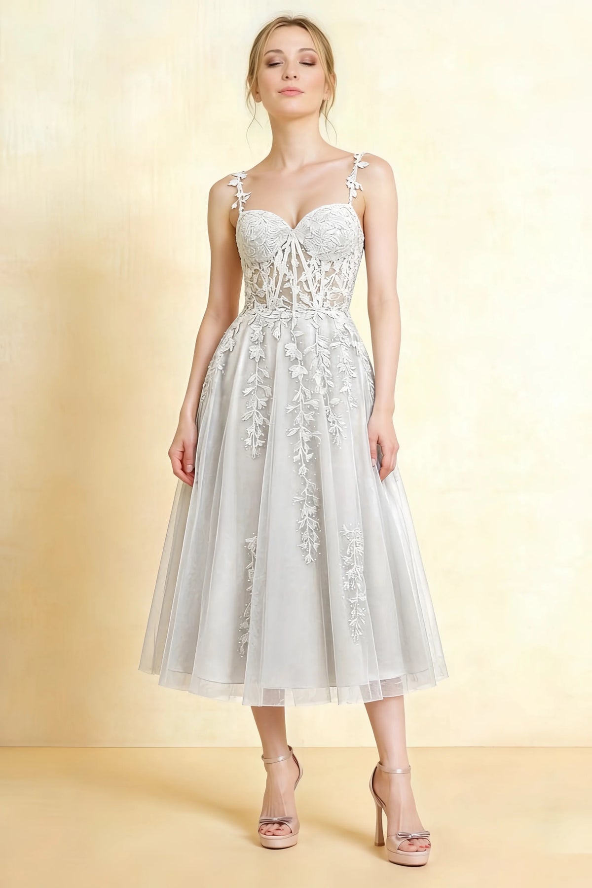 Adeline White Lace Corset Fit and Flare Midi Dress Main image
