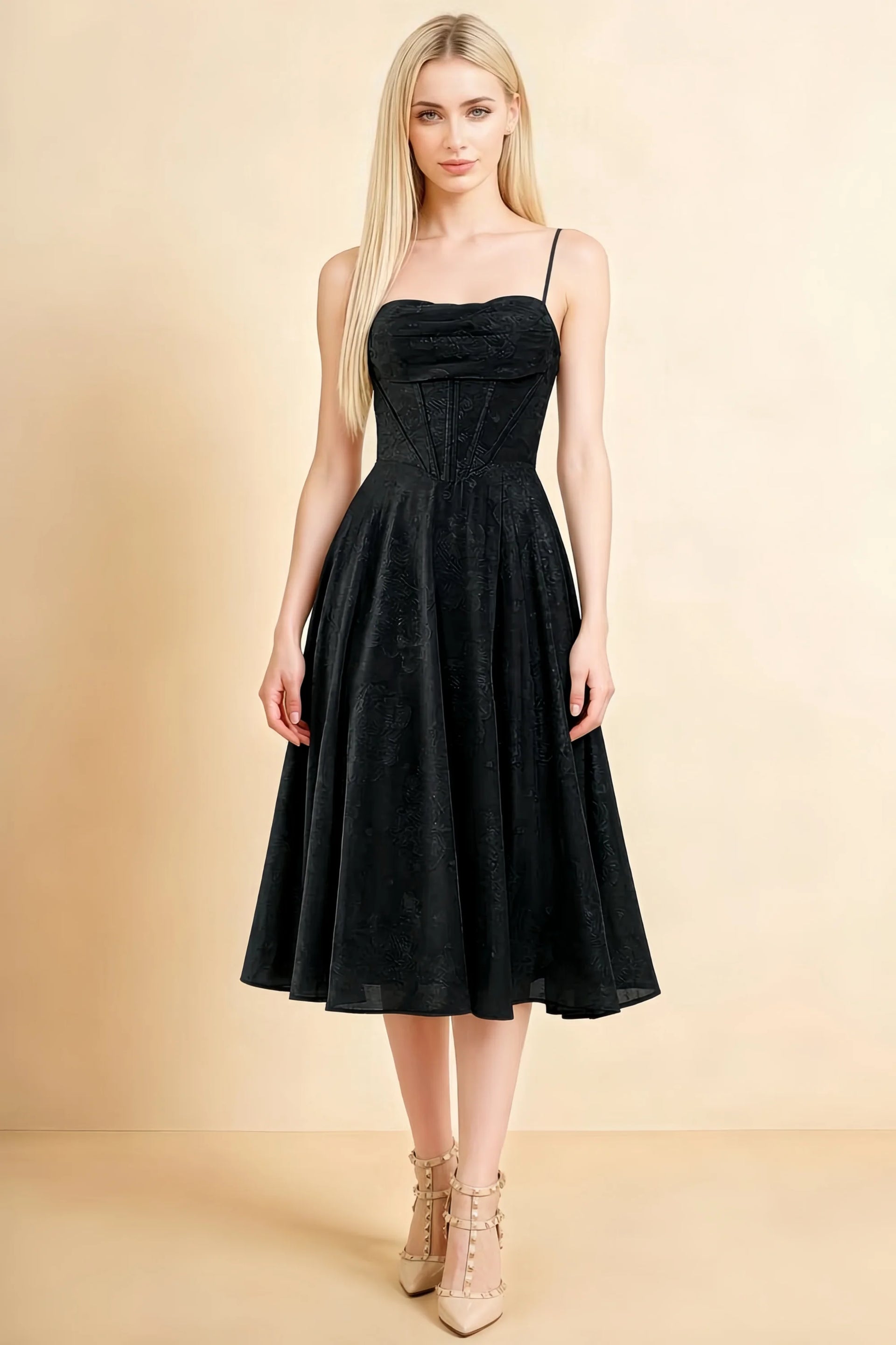 Aileen Black Jacquard Pleated Lace-up Midi Dress