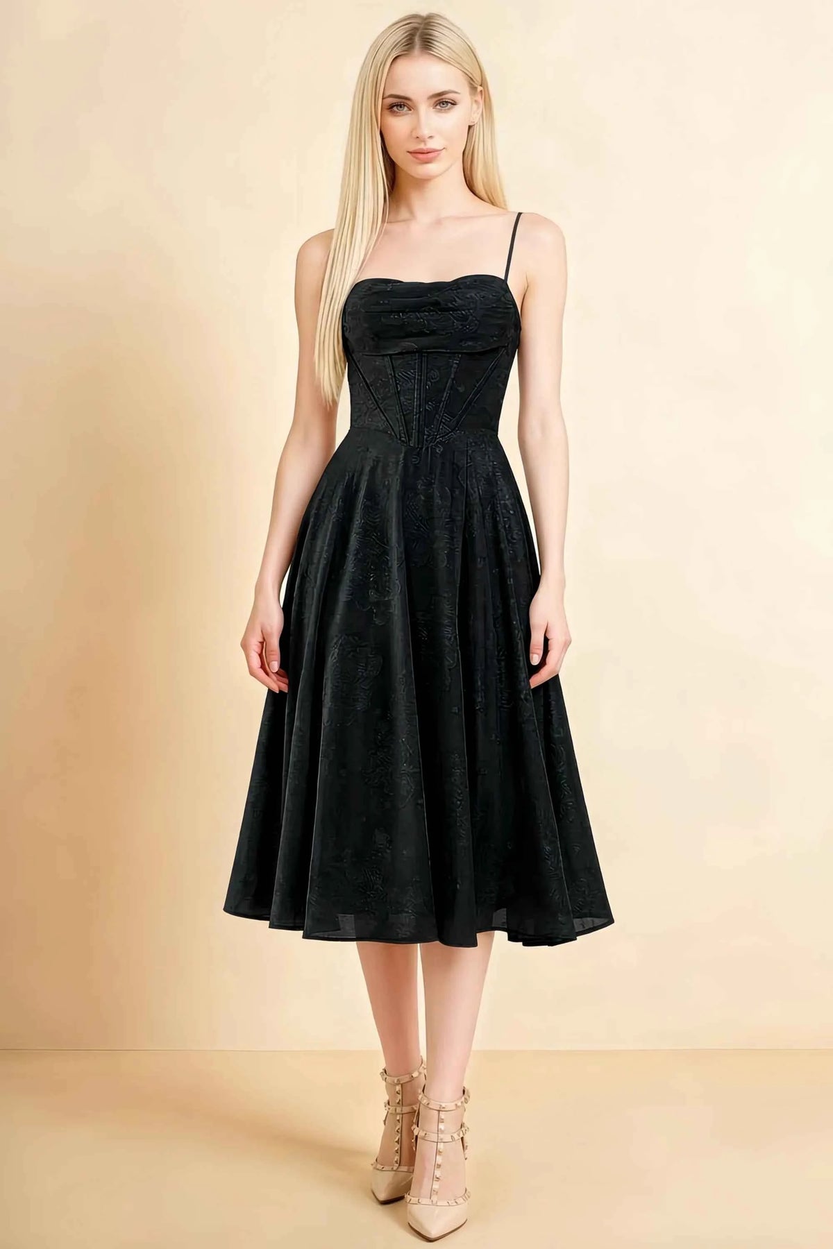 Aileen Black Jacquard Pleated Lace-up Midi Dress Main image