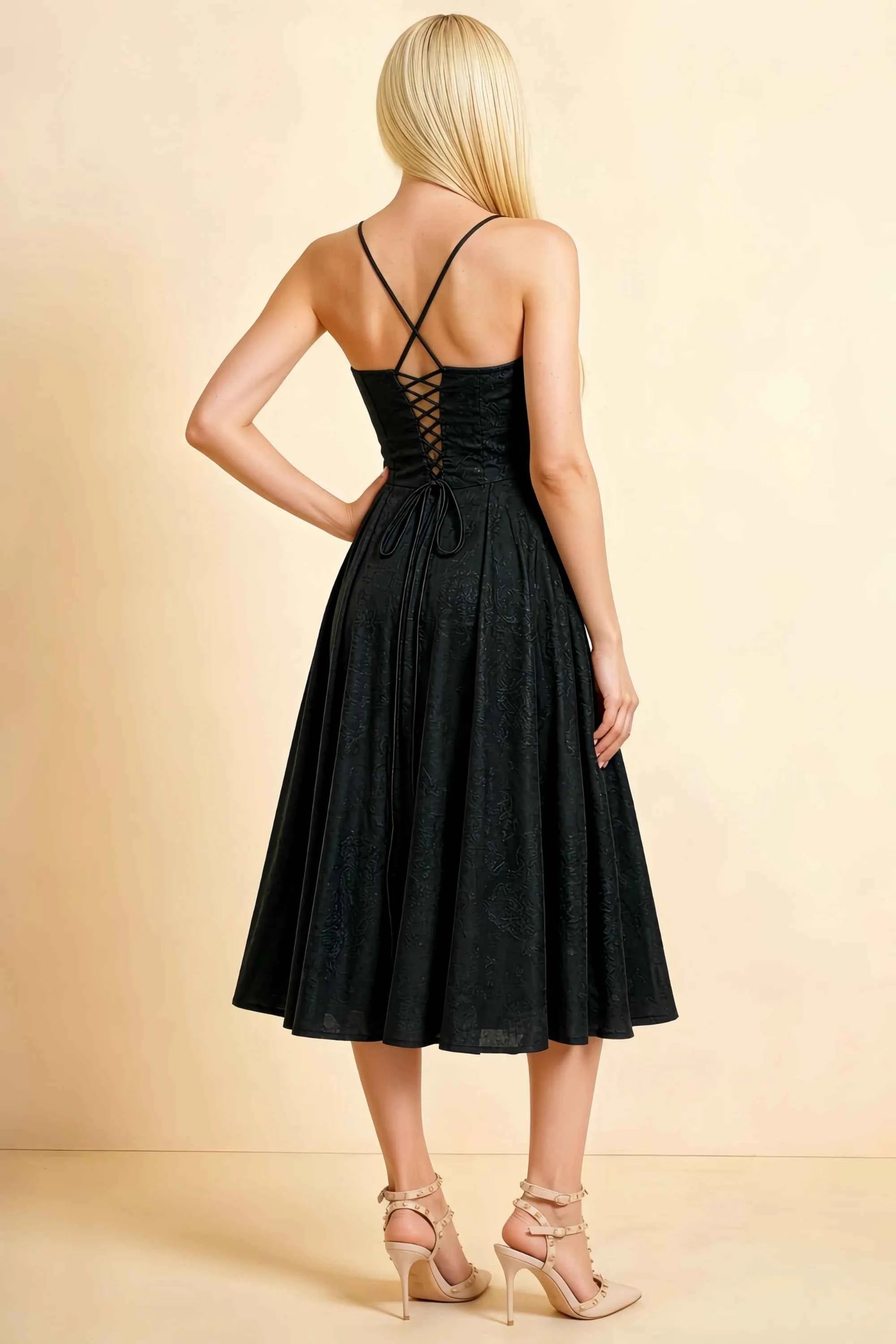 Aileen Black Jacquard Pleated Lace-up Midi Dress Secondary image