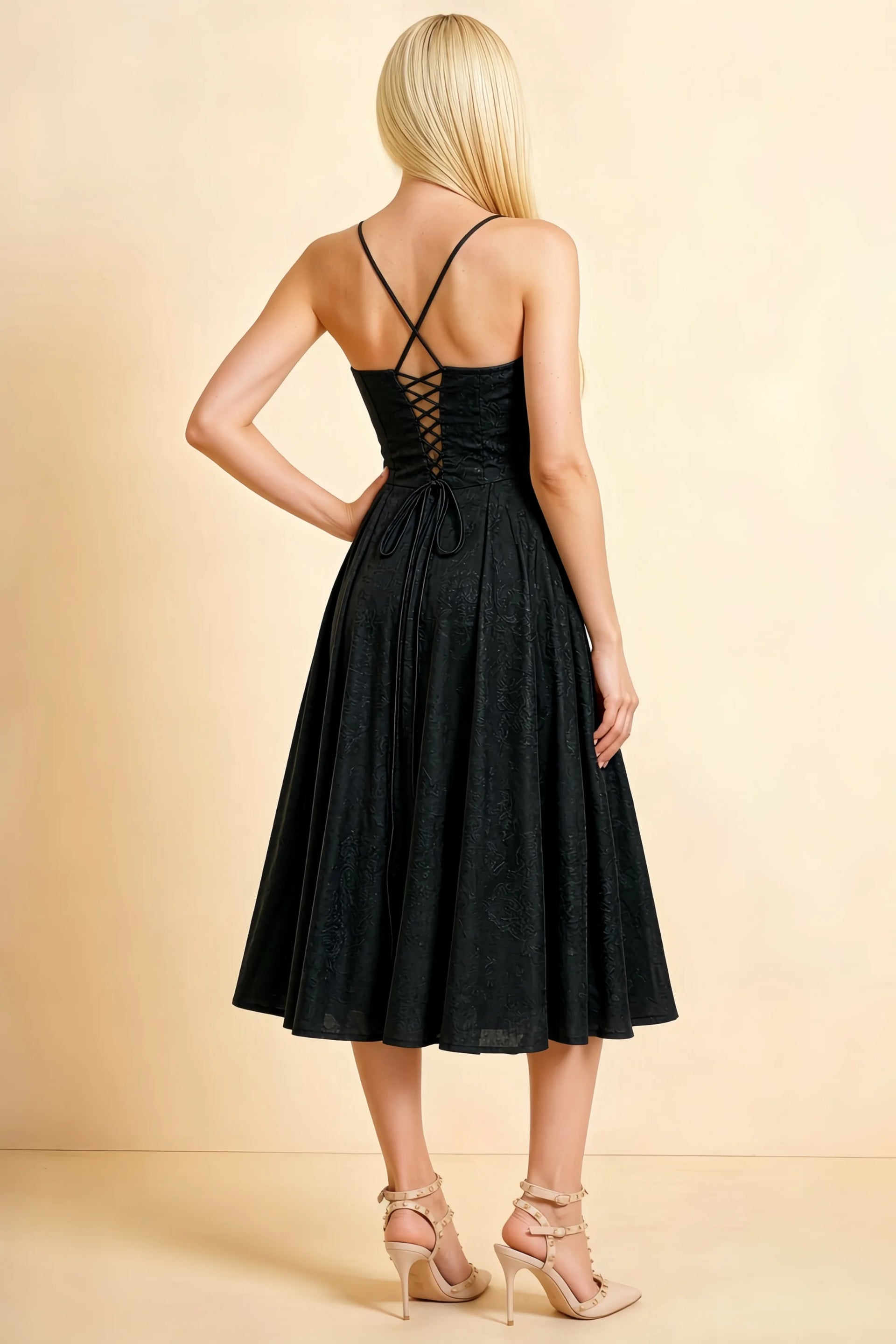 Aileen Black Jacquard Pleated Lace-up Midi Dress