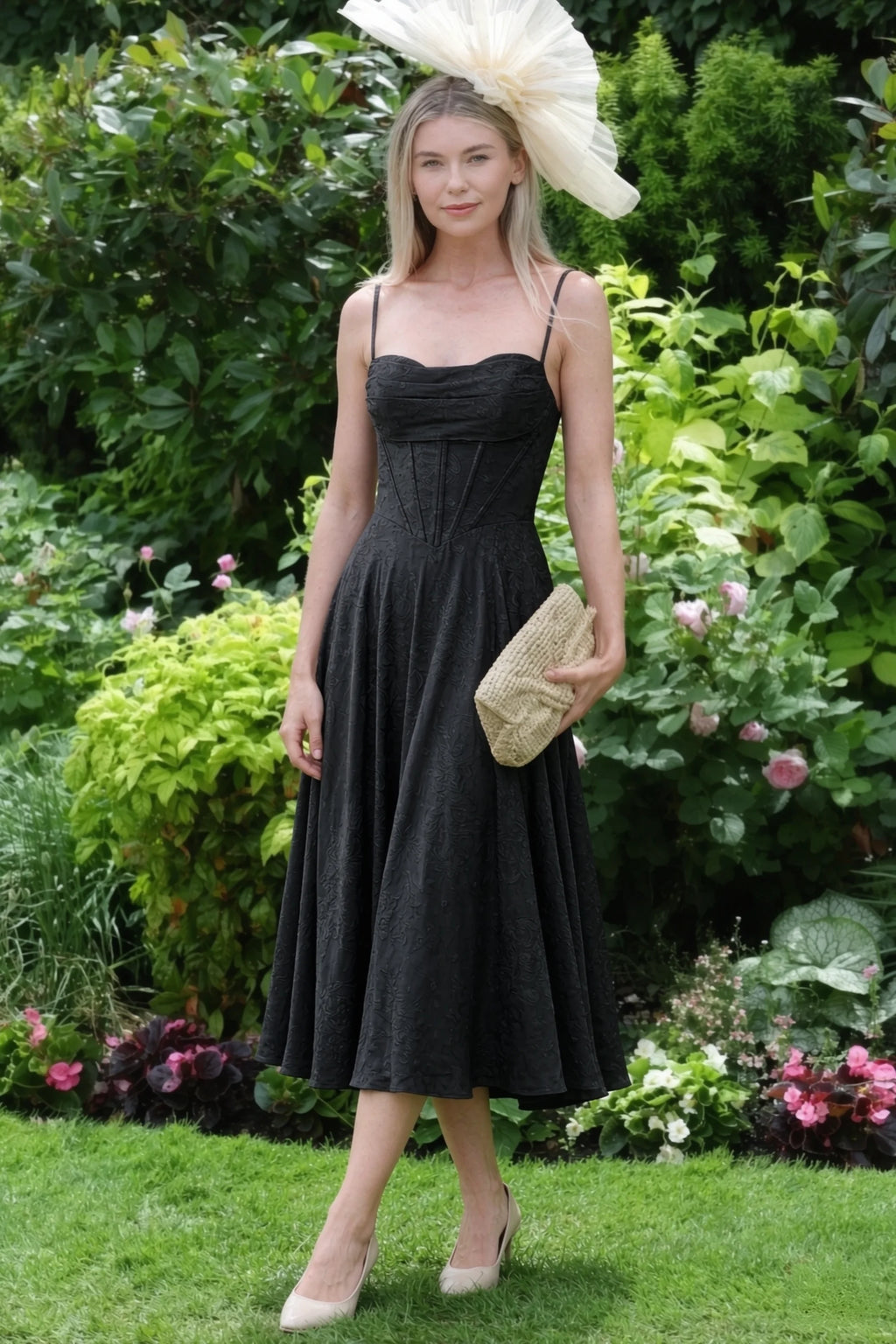 Aileen Black Jacquard Pleated Lace-up Midi Dress