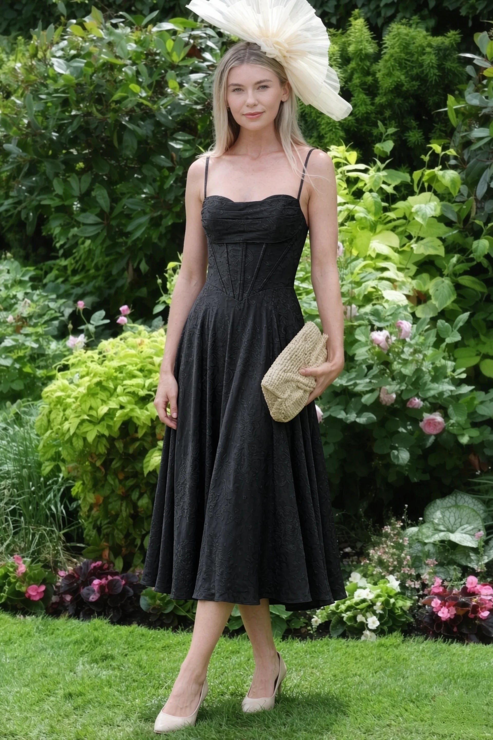 Aileen Black Jacquard Pleated Lace-up Midi Dress