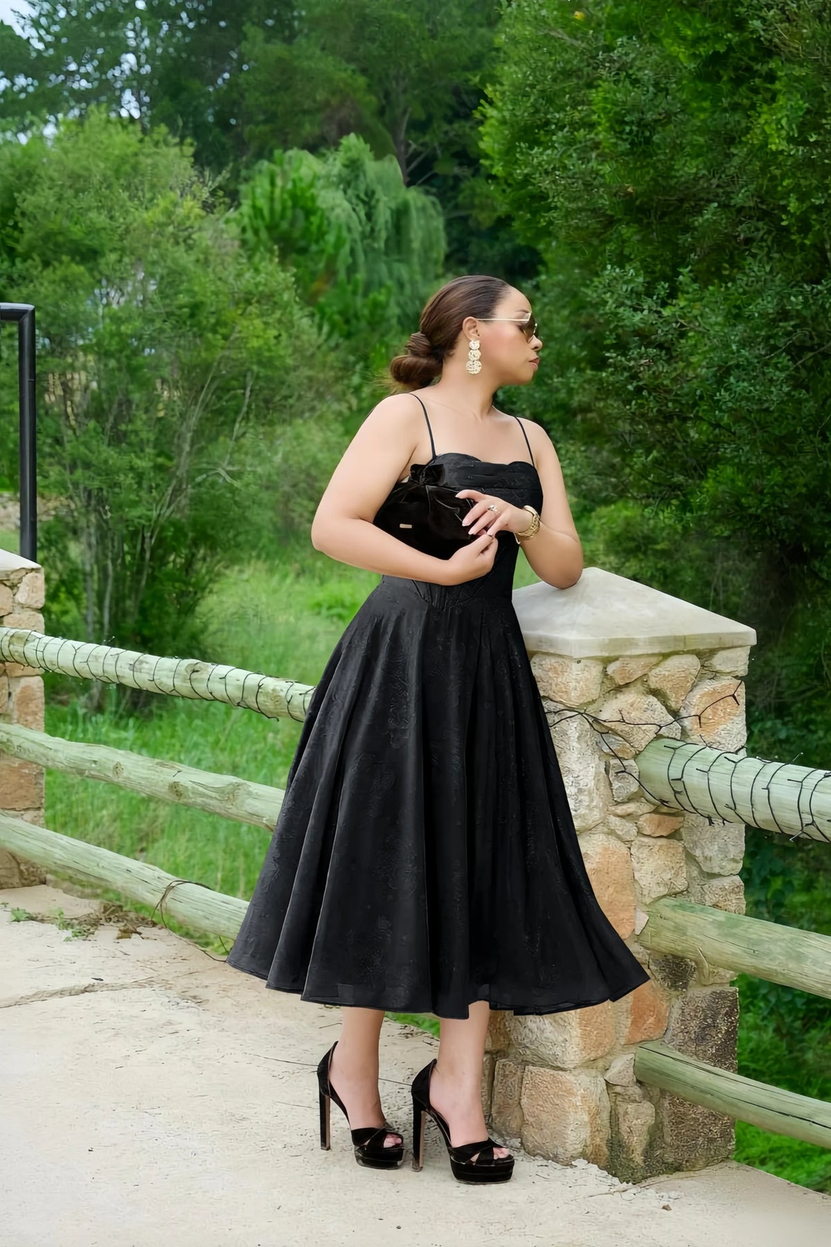 Aileen Black Jacquard Pleated Lace-up Midi Dress