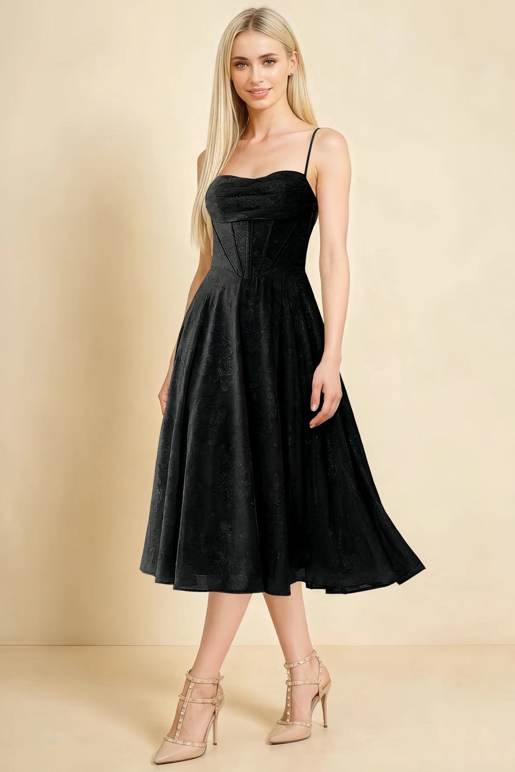 Aileen Black Jacquard Pleated Lace-up Midi Dress