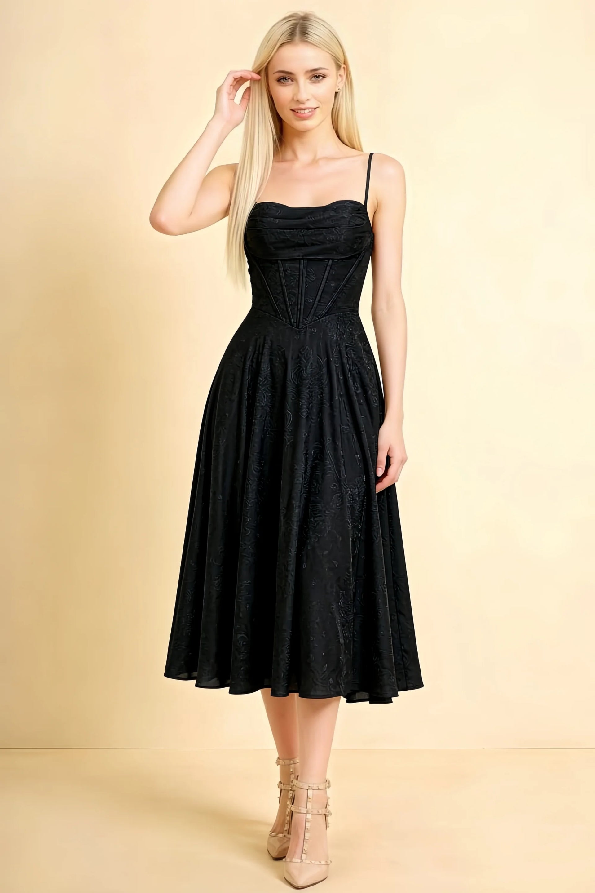 Aileen Black Jacquard Pleated Lace-up Midi Dress