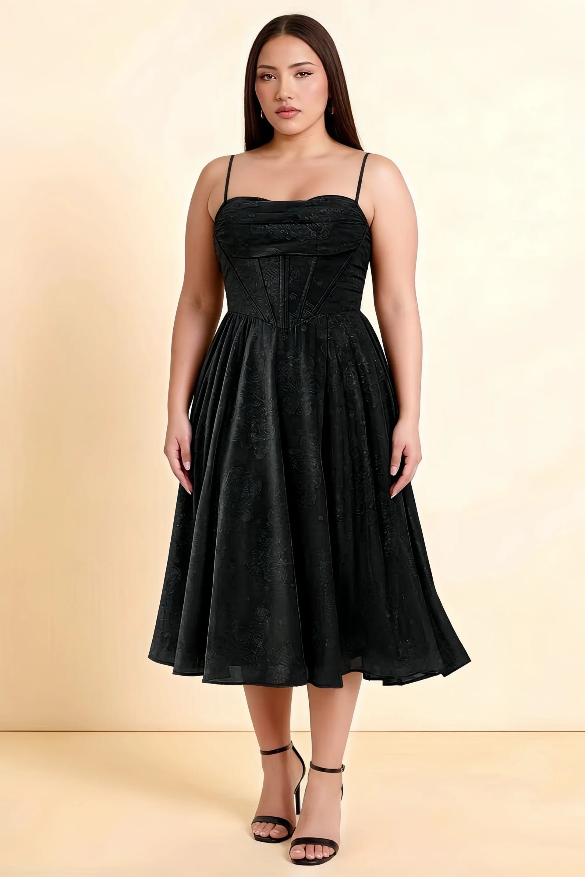 Aileen Black Jacquard Pleated Lace-up Midi Dress