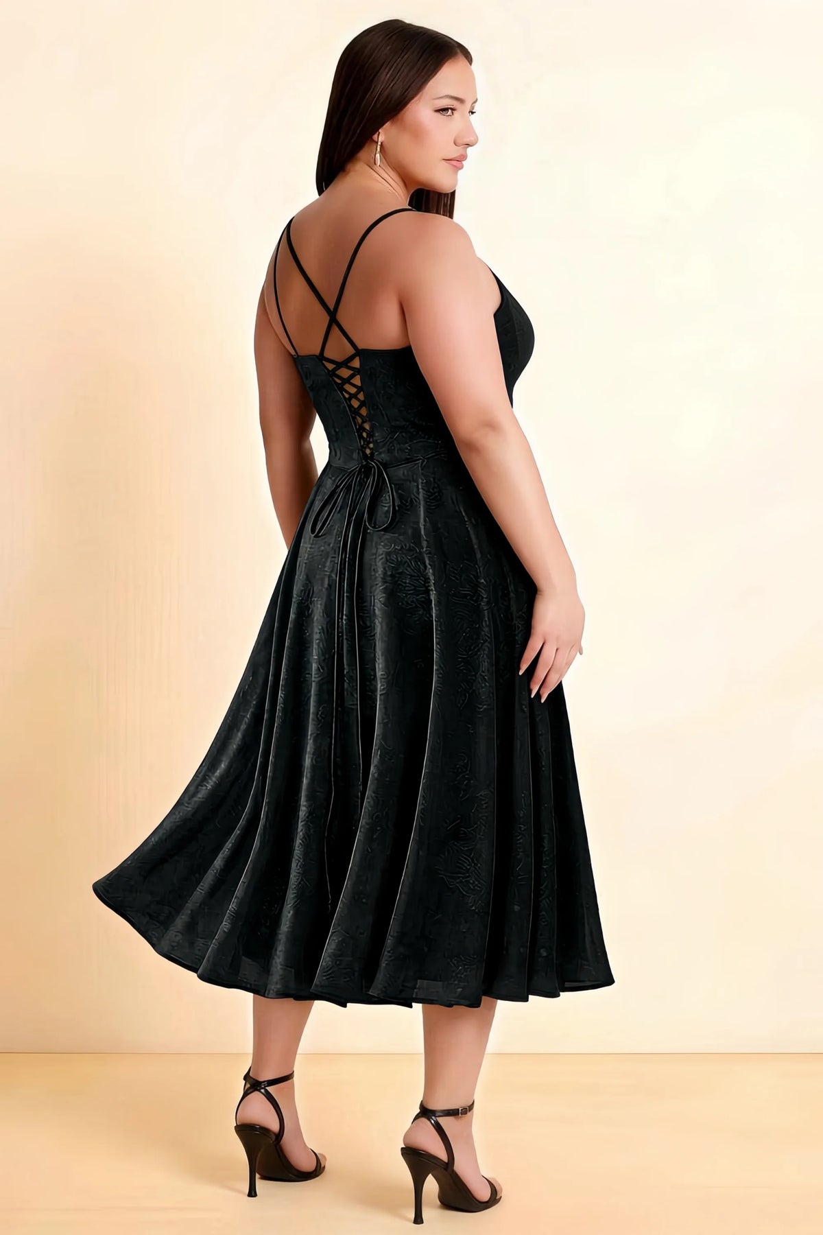 Aileen Black Jacquard Pleated Lace-up Midi Dress