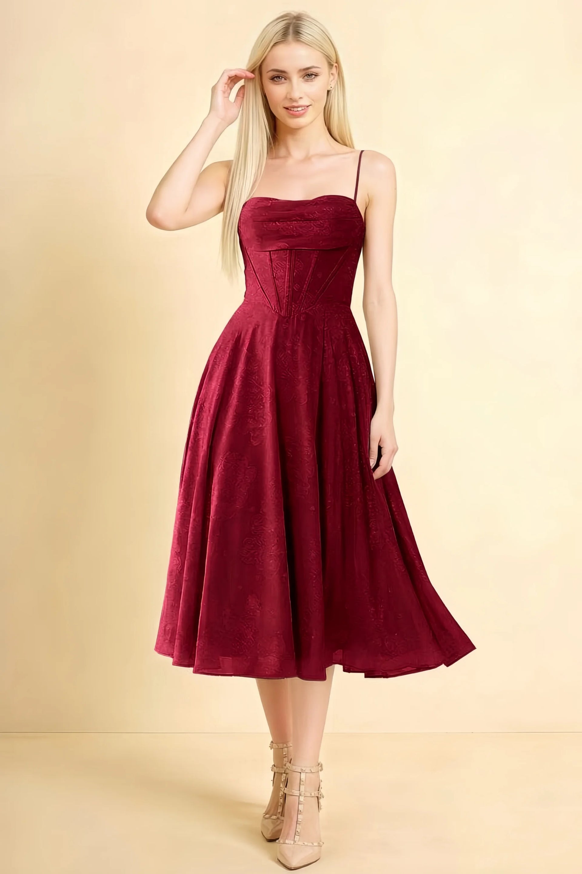 Aileen Burgundy Jacquard Pleated Lace-up Midi Dress