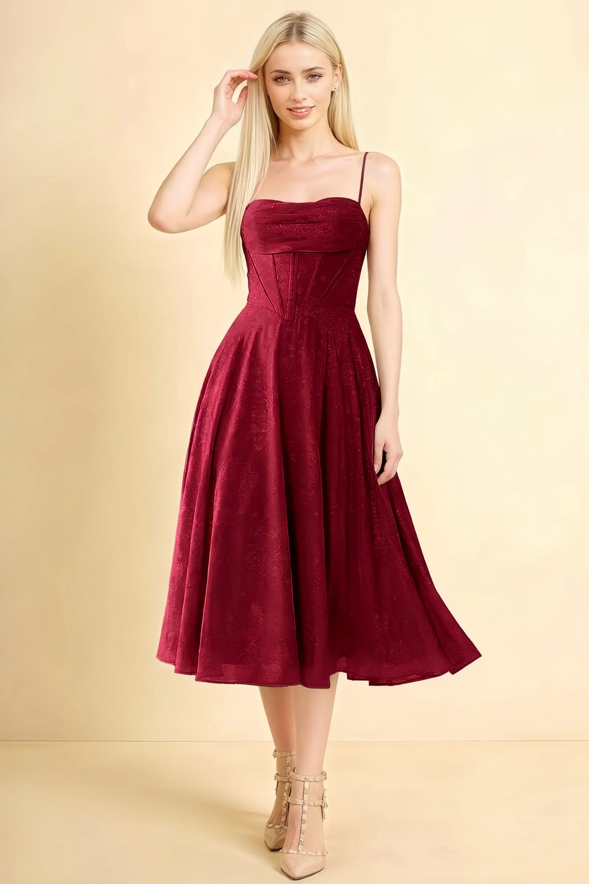 Aileen Burgundy Jacquard Pleated Lace-up Midi Dress Main image