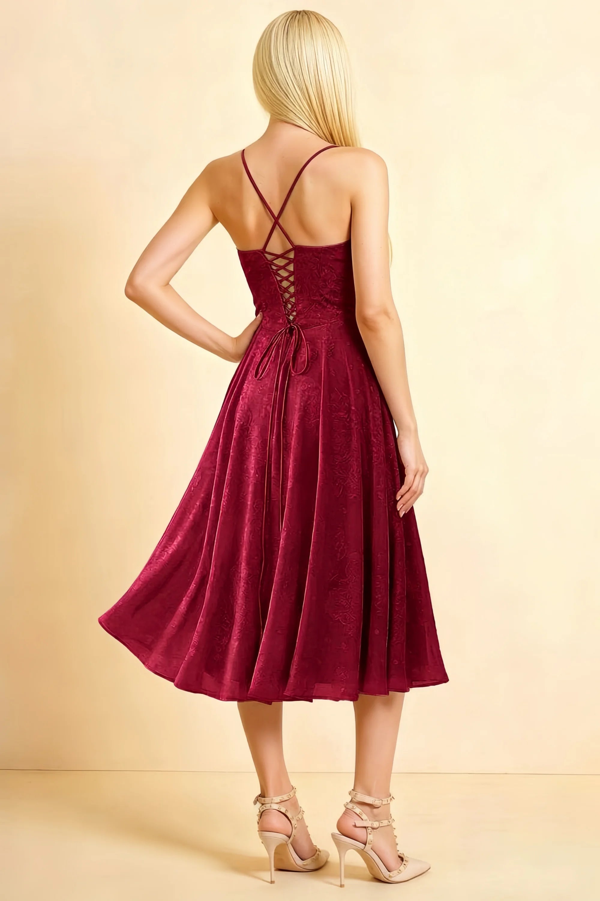 Aileen Burgundy Jacquard Pleated Lace-up Midi Dress Secondary image