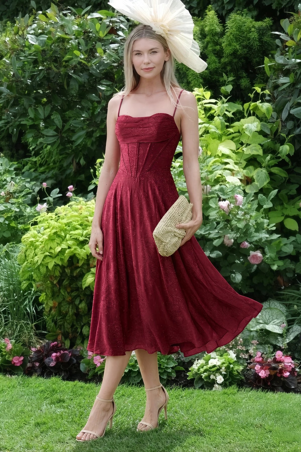 Aileen Burgundy Jacquard Pleated Lace-up Midi Dress