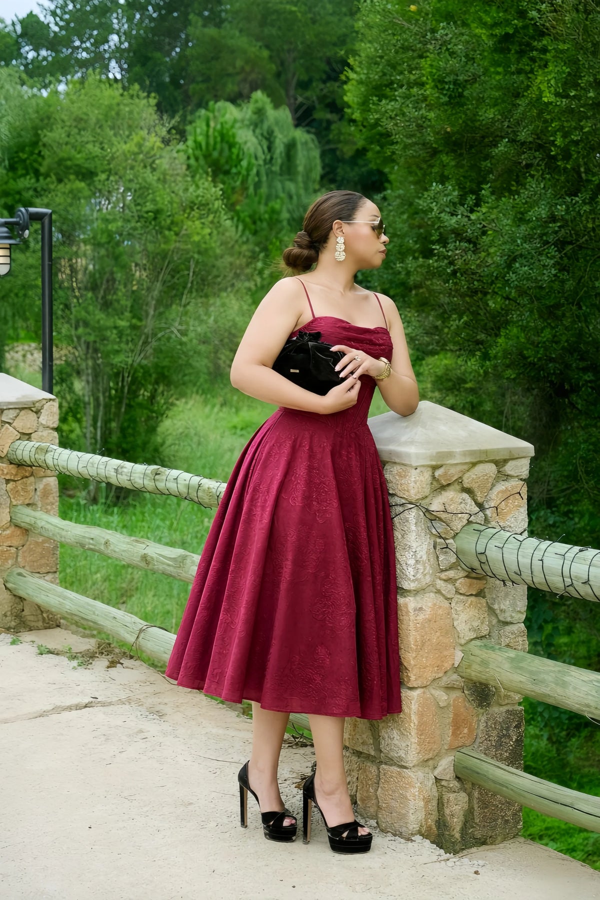 Aileen Burgundy Jacquard Pleated Lace-up Midi Dress