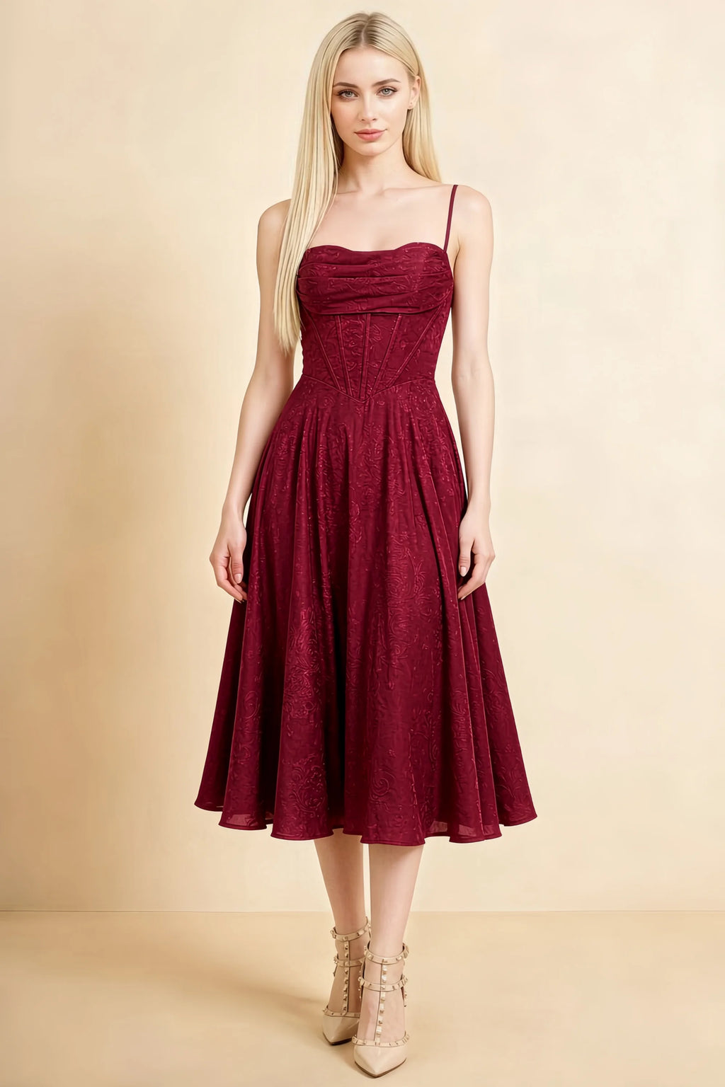 Aileen Burgundy Jacquard Pleated Lace-up Midi Dress