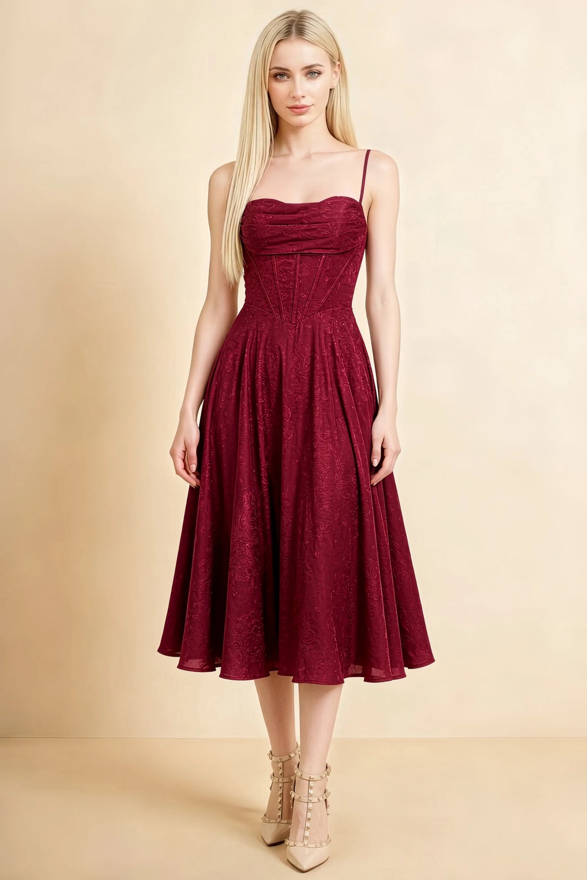 Aileen Burgundy Jacquard Pleated Lace-up Midi Dress