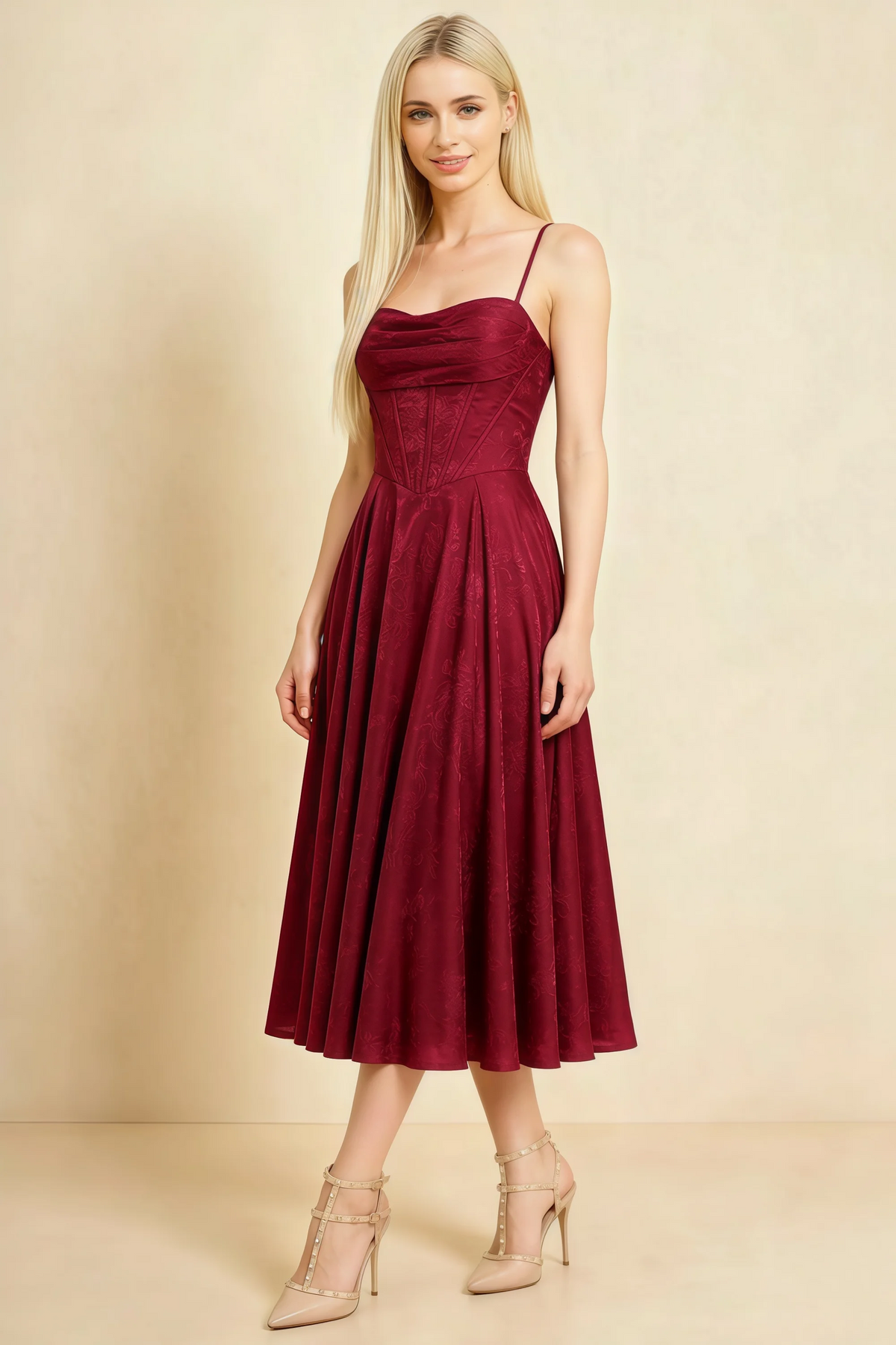 Aileen Burgundy Jacquard Pleated Lace-up Midi Dress