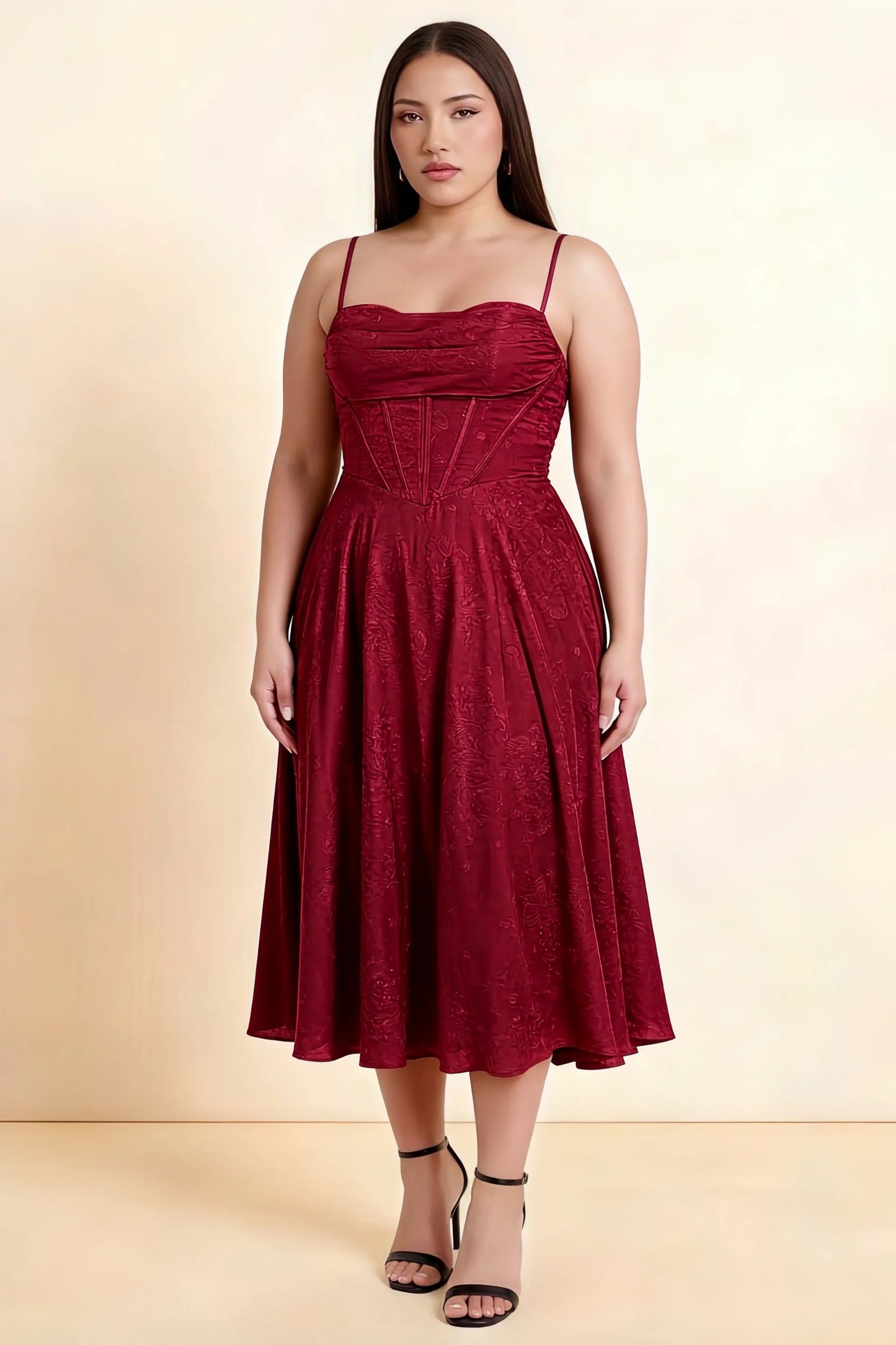 Aileen Burgundy Jacquard Pleated Lace-up Midi Dress