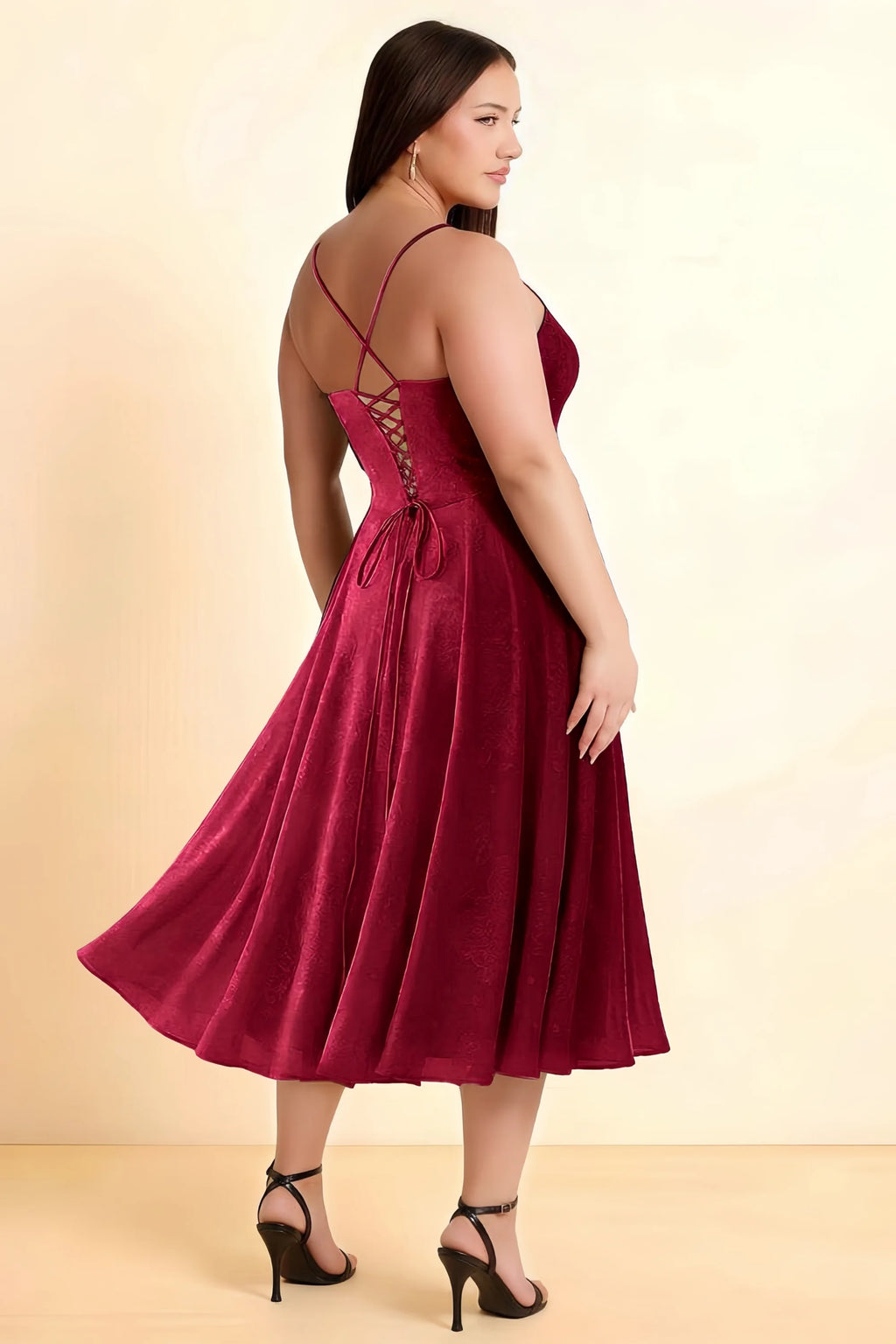 Aileen Burgundy Jacquard Pleated Lace-up Midi Dress