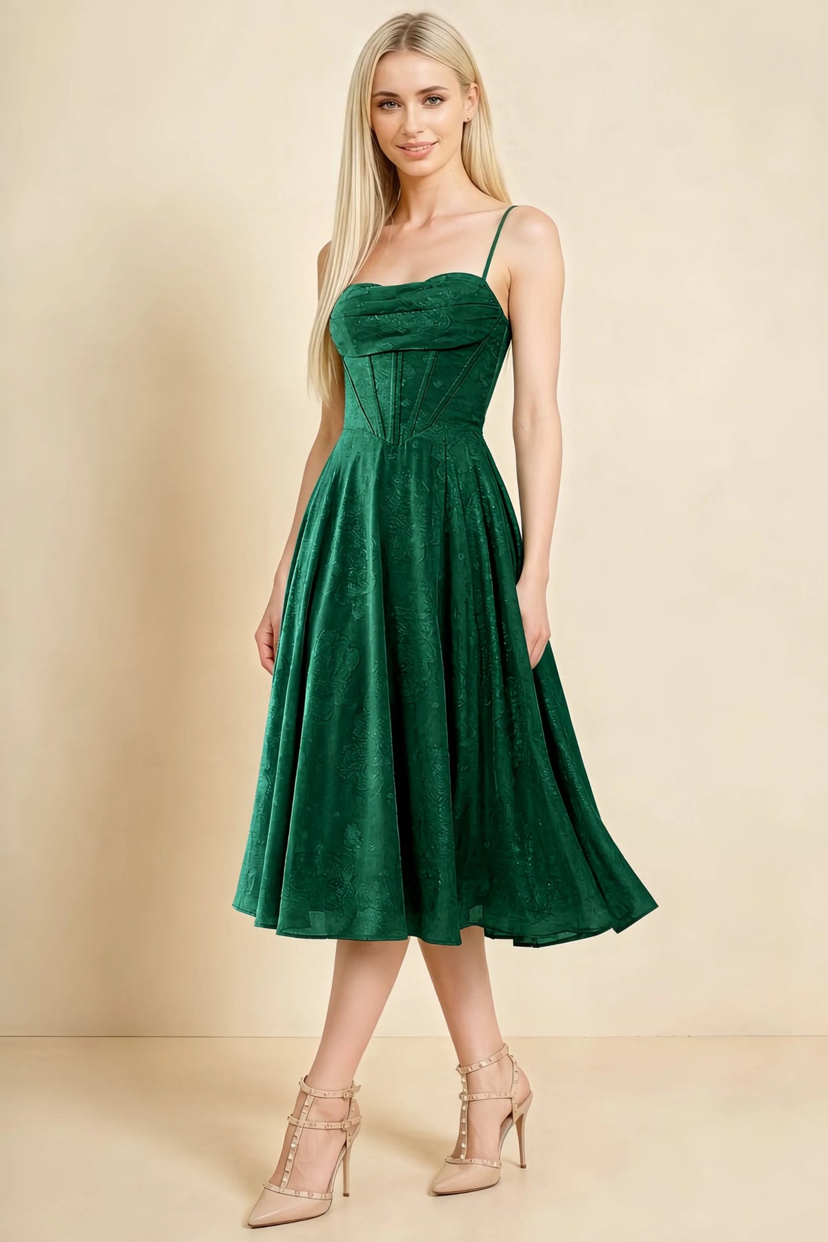 Aileen Dark Green Jacquard Pleated Lace-up Midi Dress Main image