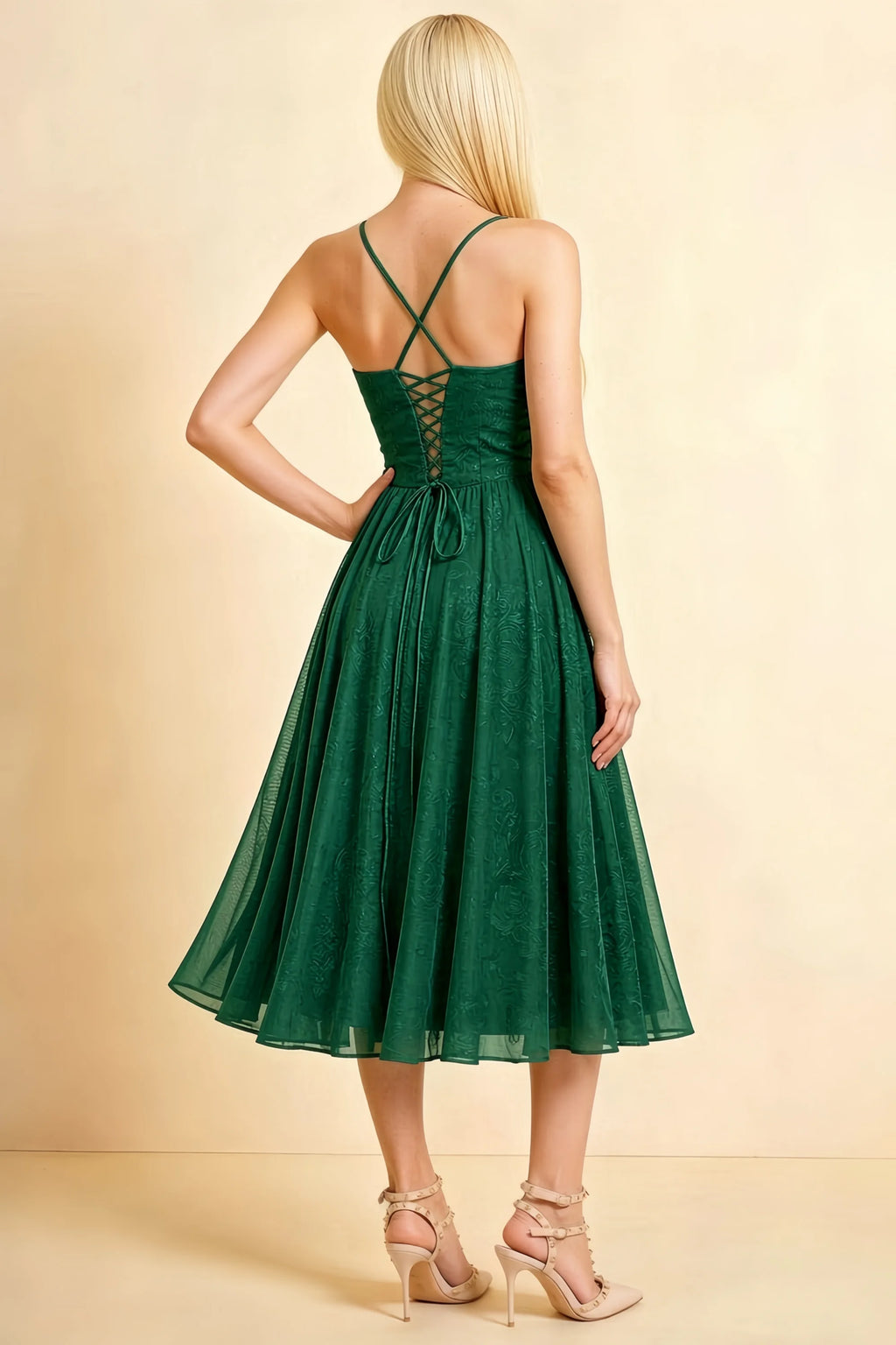 Aileen Dark Green Jacquard Pleated Lace-up Midi Dress