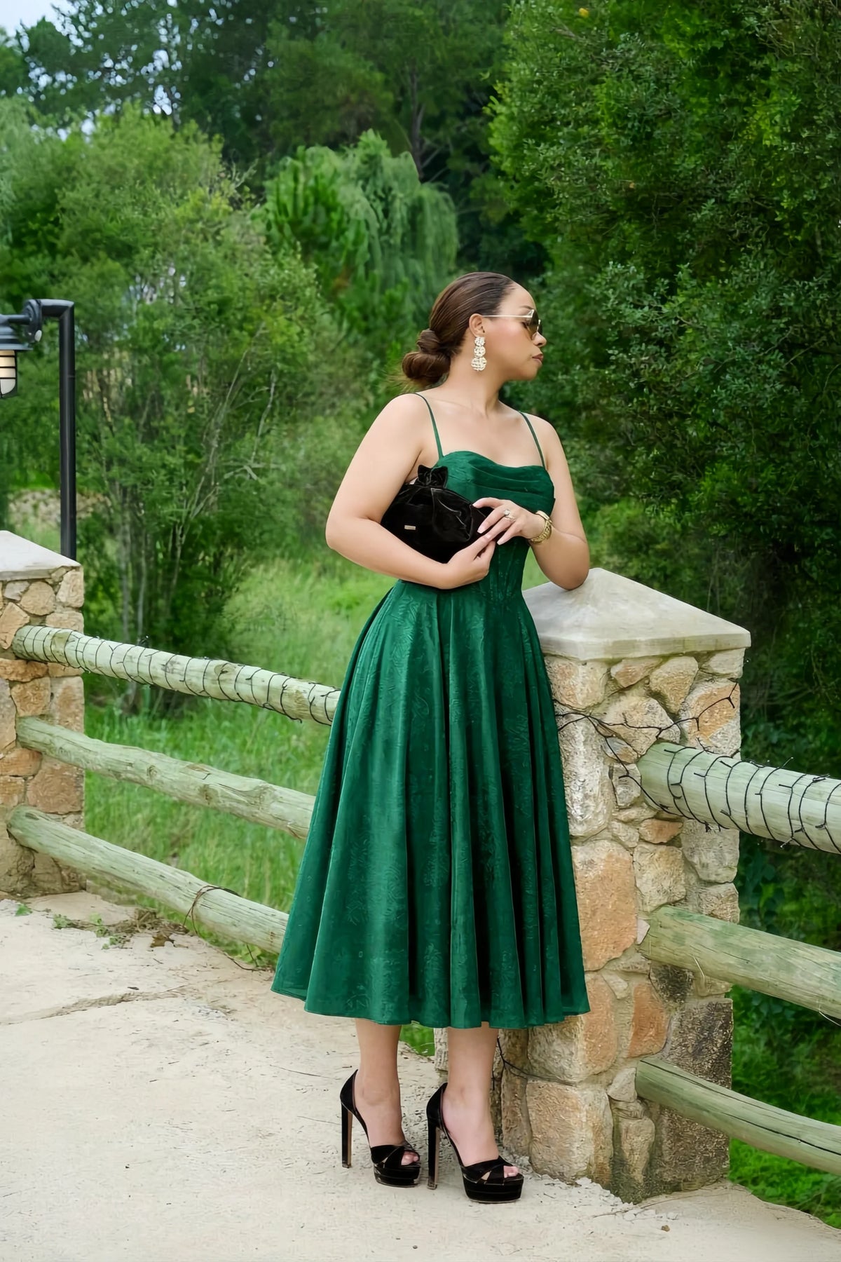 Aileen Dark Green Jacquard Pleated Lace-up Midi Dress