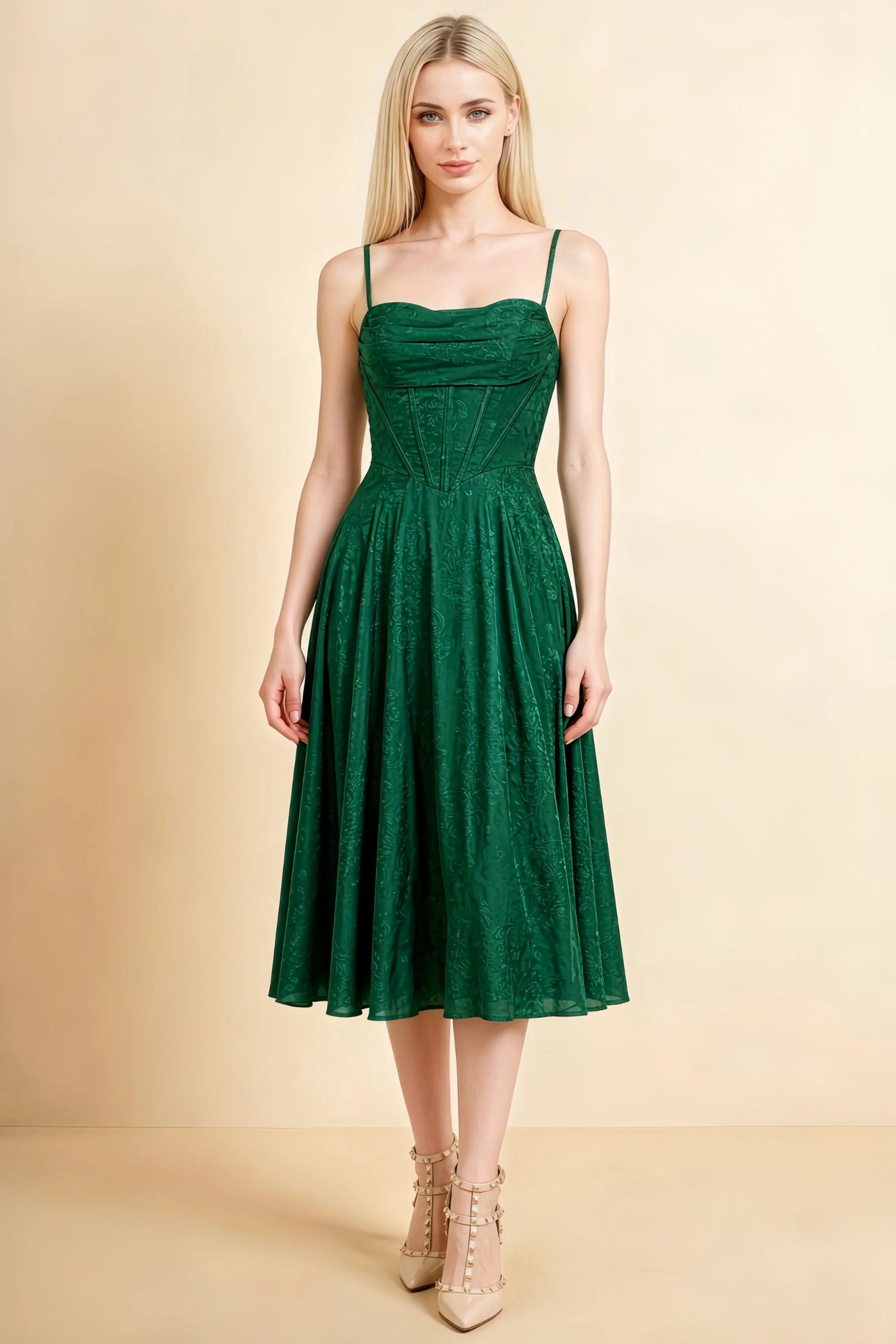 Aileen Dark Green Jacquard Pleated Lace-up Midi Dress