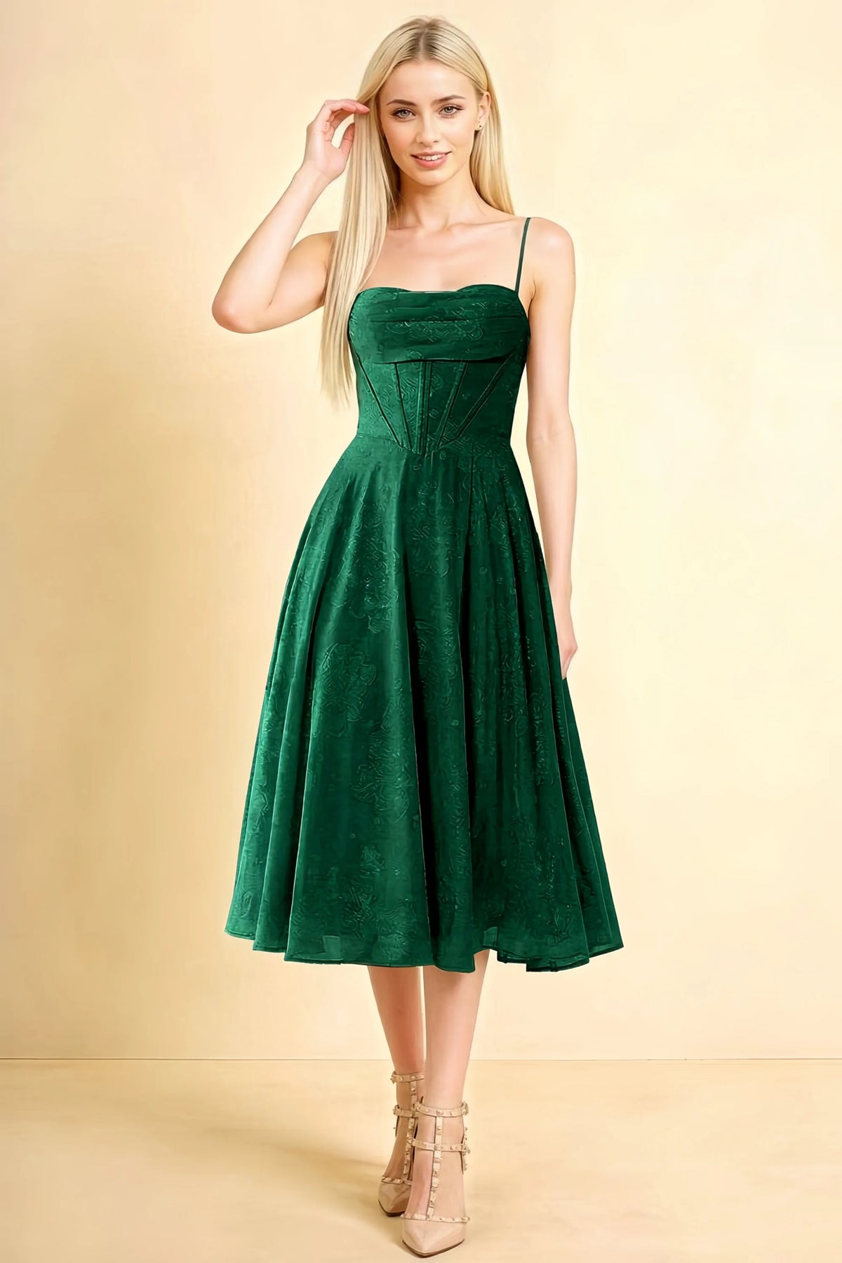 Aileen Dark Green Jacquard Pleated Lace-up Midi Dress