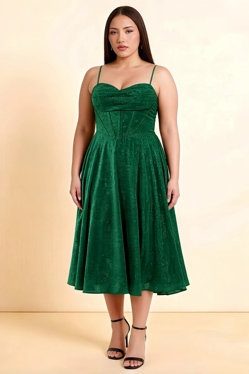 Aileen Dark Green Jacquard Pleated Lace-up Midi Dress