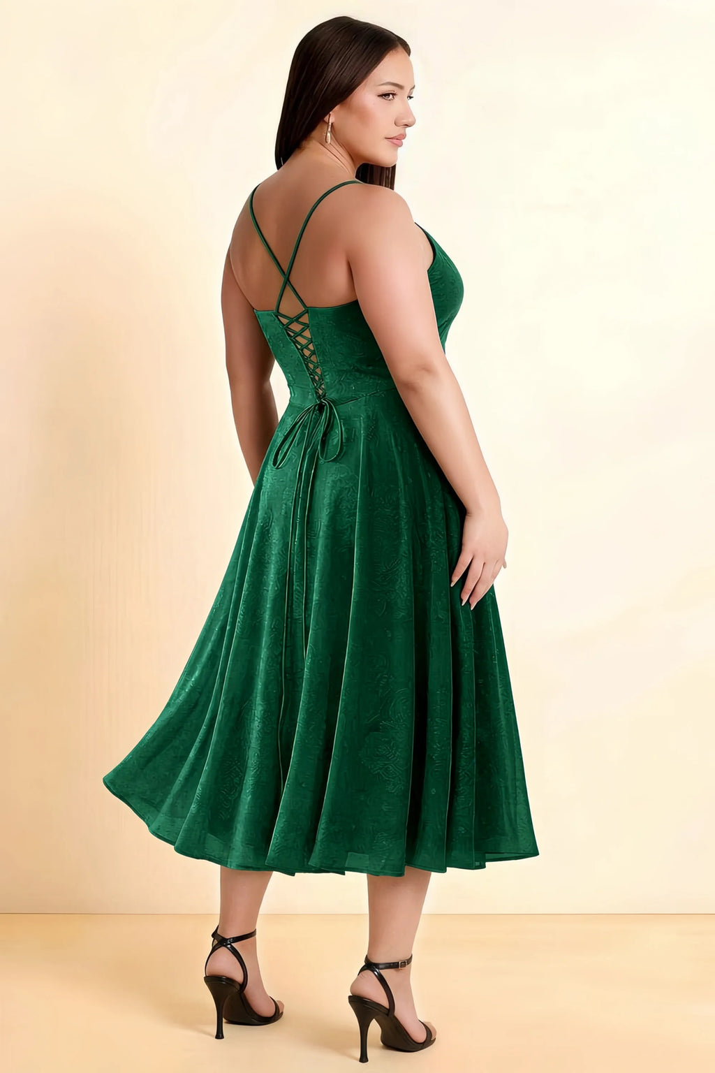 Aileen Dark Green Jacquard Pleated Lace-up Midi Dress