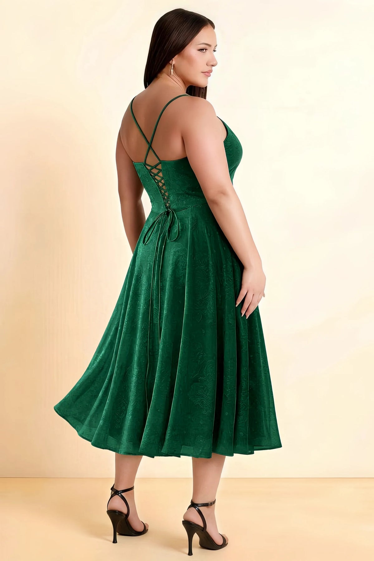 Aileen Dark Green Jacquard Pleated Lace-up Midi Dress