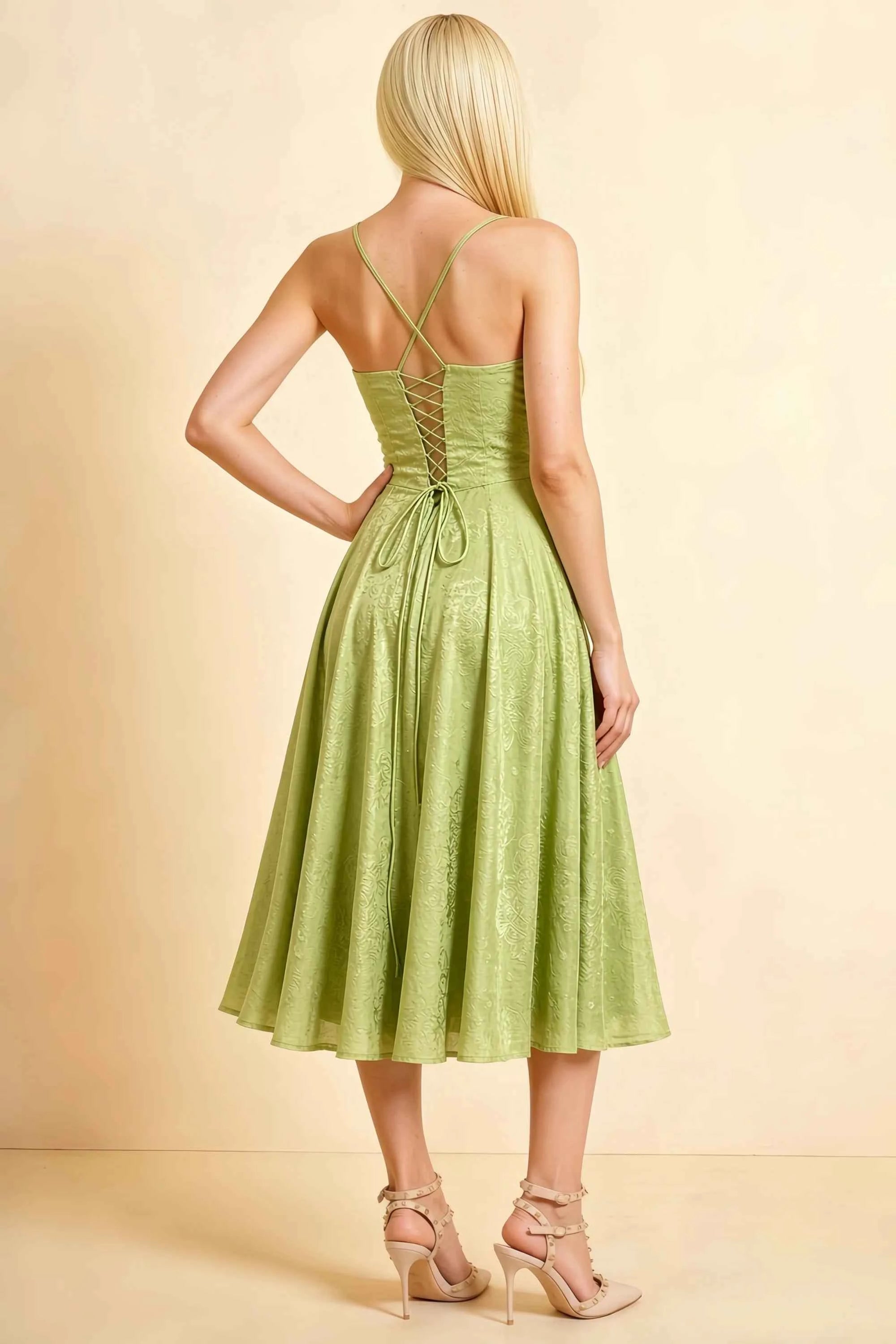 Aileen Light Green Jacquard Pleated Lace-up Midi Dress Secondary image
