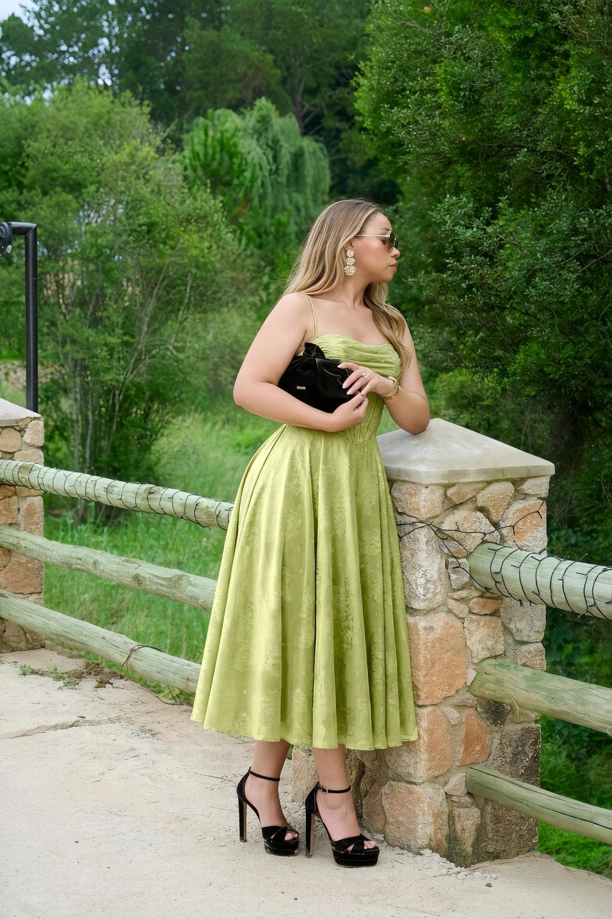 Aileen Light Green Jacquard Pleated Lace-up Midi Dress