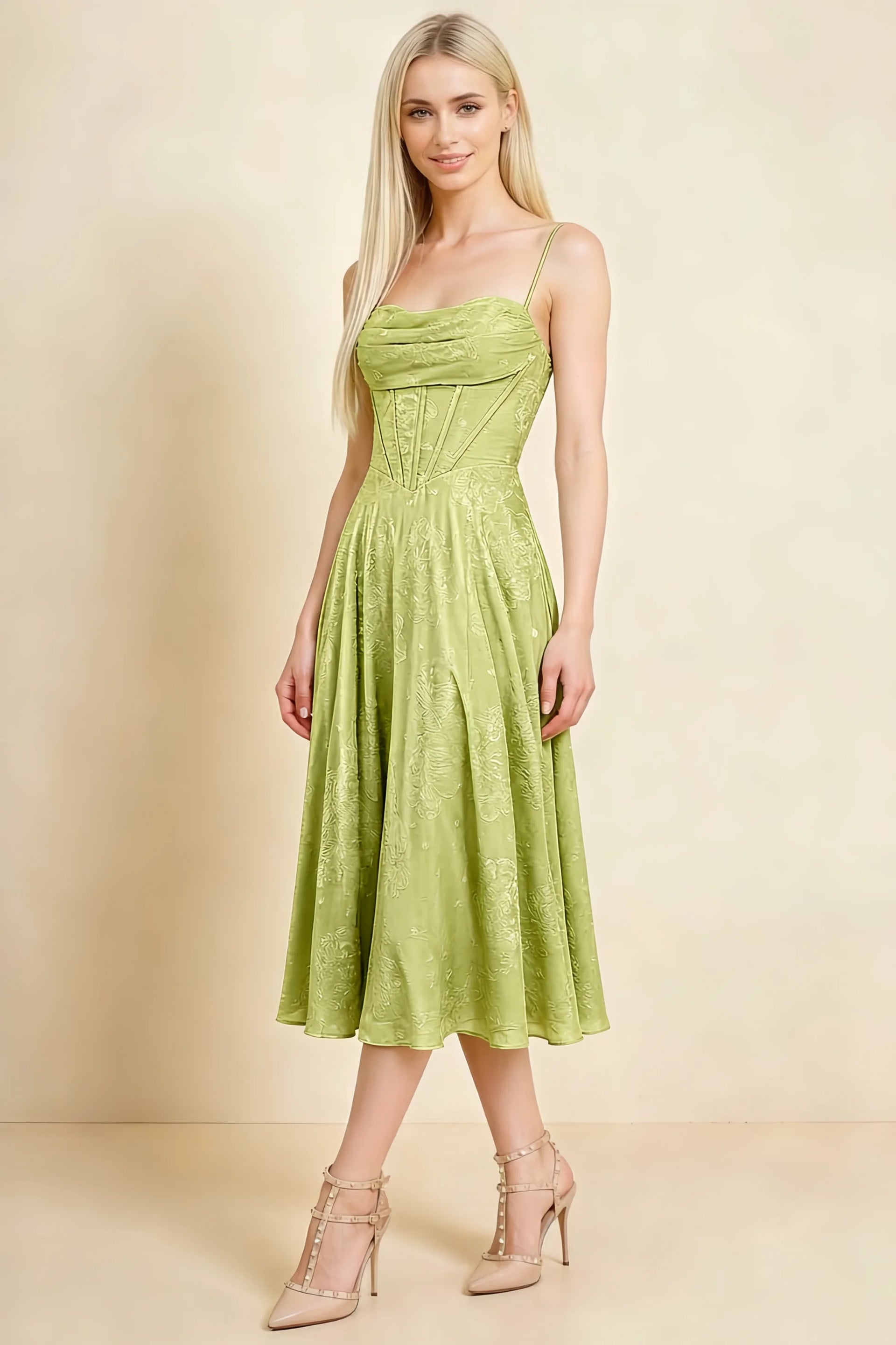 Aileen Light Green Jacquard Pleated Lace-up Midi Dress