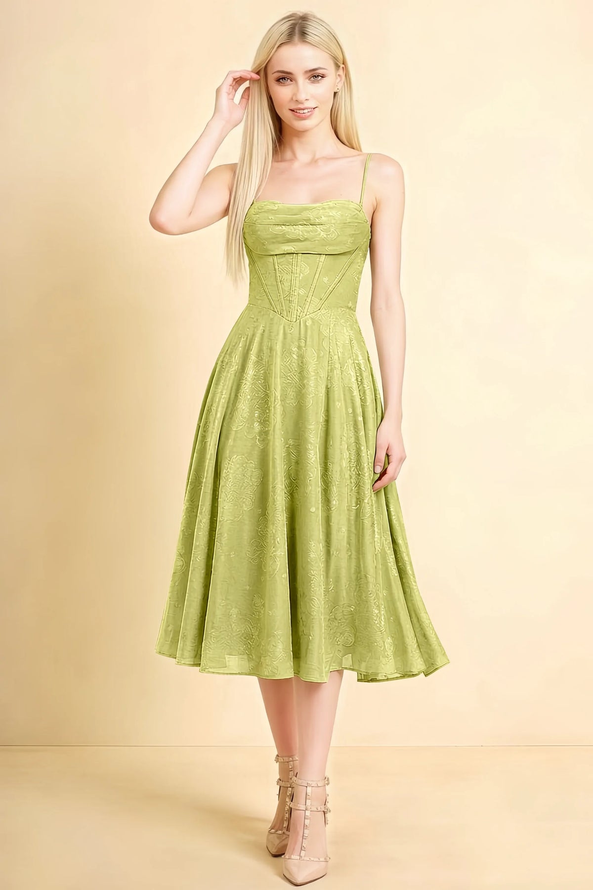 Aileen Light Green Jacquard Pleated Lace-up Midi Dress