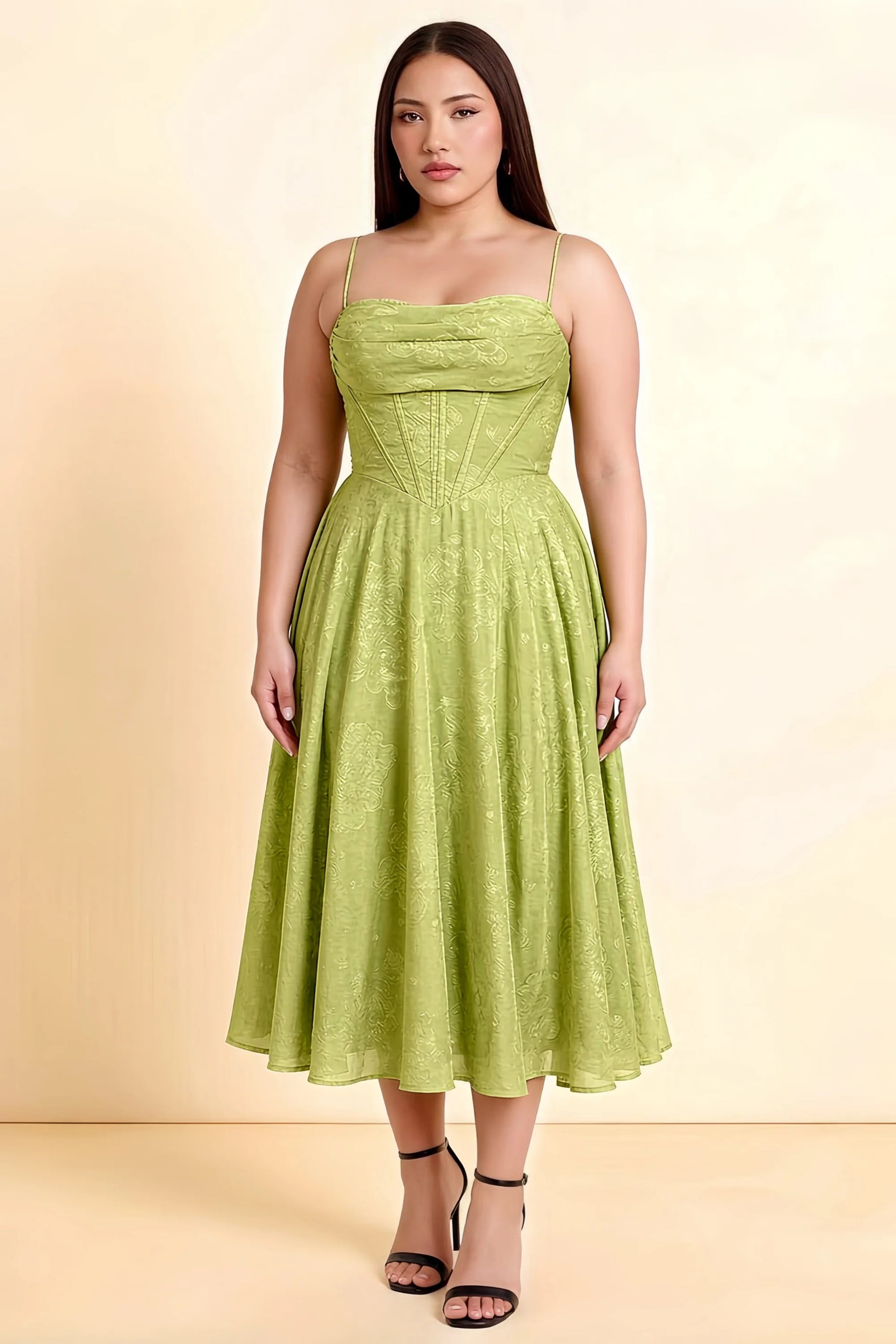 Aileen Light Green Jacquard Pleated Lace-up Midi Dress