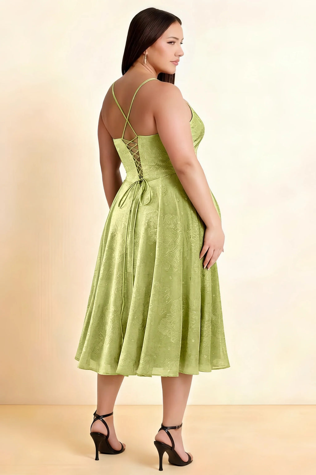 Aileen Light Green Jacquard Pleated Lace-up Midi Dress