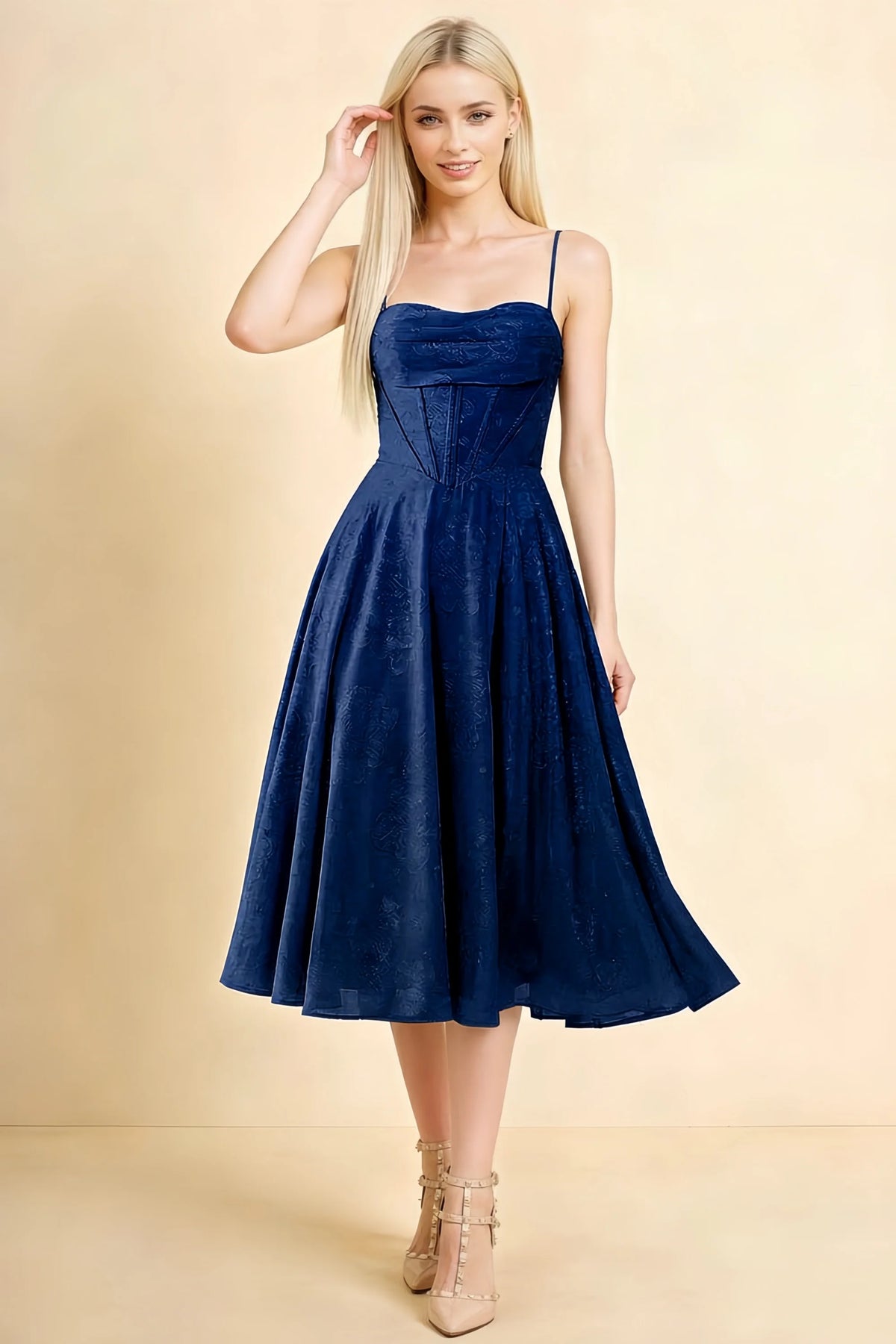 Aileen Navy Jacquard Pleated Lace-up Midi Dress