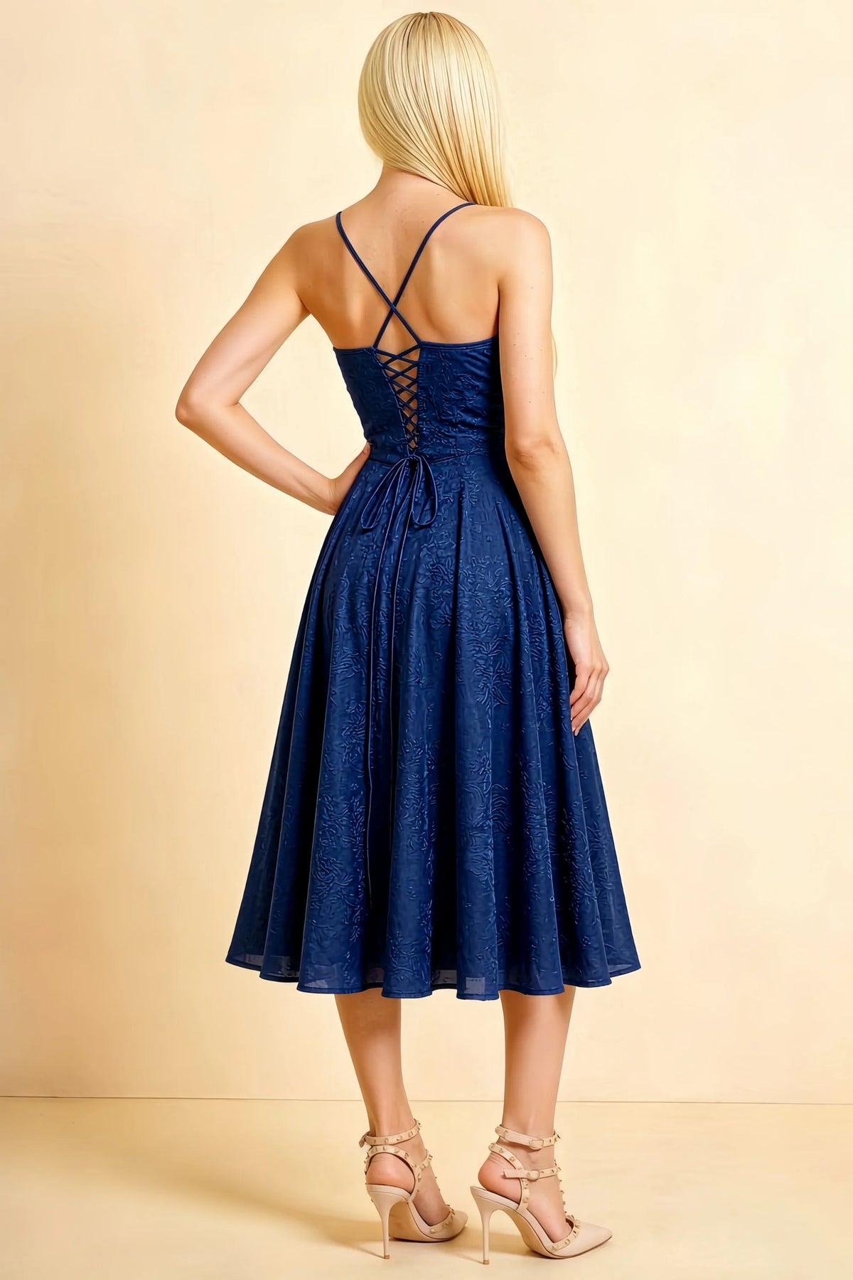 Aileen Navy Jacquard Pleated Lace-up Midi Dress
